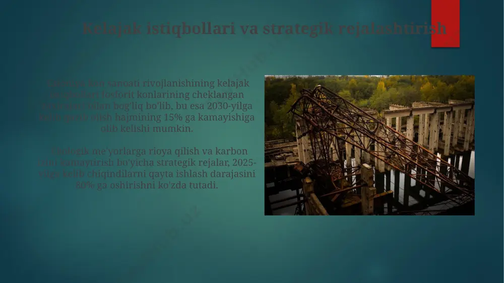 gi katta to'siq hisoblanadi. xavfsizlik va mehnatni muhofaza qilish konlarda chang va shovqin darajasi me'yorlaridan oshib ketishi, ishchilarning eshitish va nafas olish tizimlari kasalliklariga olib keladi, bu esa ish unumdorligini 10-15% ga pasaytiradi. ish xavfsizligi bo'yicha o'qitish dasturlarining samaradorligi pastligi, baxtsiz hodisalar sonining ko'payishiga olib kelmoqda, bu esa yiliga o'rtacha 2 million yevro iqtisodiy zarar keltiradi. atrof-muhit muhofazasi va ekologik xavfsizlik 2023 yilgi hisobotlarga ko'ra, konchilik hududlarida 10 ga yaqin noyob va xavf ostida turgan o'simlik turlari yo'q bo'lib ketish xavfi ostida. ekologik ta'sir baholari (ekb) tahlillari shuni ko'rsatdiki, 2022 yilda fosforli o'g'itlar ishlab chiqarishda 5% ga yaqin suv ifloslanishi kuzatilgan. resurslarning kamayishi va qazib olishning qiyinlashuvi ohaktosh konlarining chuqurlashuvi tufayli, qazib olishning murakkabligi 30% ga oshdi, bu esa texnologik jihatdan ilg'or uskunalarga bo'lgan talabni oshirmoqda. eston munitsipalitetlarining 40% da yangi konlarni ochishga ekologik cheklovlar qo'yilgan, bu esa yangi resurslarga kirishni qiyinlashtirmoqda. korrupsiya va shaffoflikning etishmasligi qazib olish sohasidagi rejalashtirish …