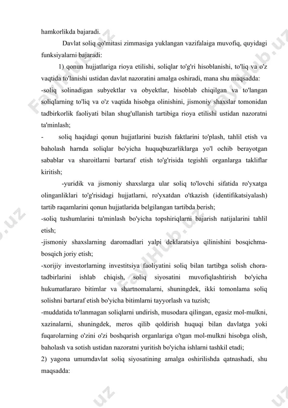 o'yicha uslubiy va metodologik ishlarni olib boradi; - moliya vazirligi va o' zbekiston respublikasining boshqa vazirliklari va idoralari bilan birgalikda soliq to'g'risidagi qonunlarni va boshqa qonun hujjatlarini qo'llash masalalari bo'yicha o'zbekiston respublikasi hududida bajarish majburiy bo'lgan yo'riqnomalar va boshqa normativ hujjatlarni belgilangan tartibda chiqaradi; - budjetga soliqlar tushumi prognozini ishtab chiqishda qatnashadi; -soliqlarni hisoblash va to'lash bilan bog'liq hisob-kitoblar, deklaratsiyalar va boshqa hujjatlar shakllarini ir-hlab chiqadi; -soliq haqidagi qonun hujjatlari bo'yicha normativ hujjatlar to'plamlarini tayyorlaydi va nashr etadi, o'ziga qarashli organlarning qonun hujjatlari va yo'riqnoma materiallari, soliq to'lovchilarni hisobga olish shakllari bilan ta'minlash chora-tadbirlarini ko'radi; 3) yuridik va jismoniy shaxslarning huquqlarini va qonun bilan muhofaza qilinadigan manfaatlarini htmoya qiladi, soliq solish va soliq haqidagi qonun hujjatlari buzilishi masalalari bo'yicha shikoyatlar va arizalarni belgilangan tartibda ko'rib chiqadi, shu maqsadda: -soliq haqidagi qonun hujjatlari masalalari bo'yicha norm at iv hujjatlar soliq to'lovchilarga o'z vaqtida yetkazilishi; -soliq haqidagi qonun hujjatlari to'g'risidagi axborot nashr …
