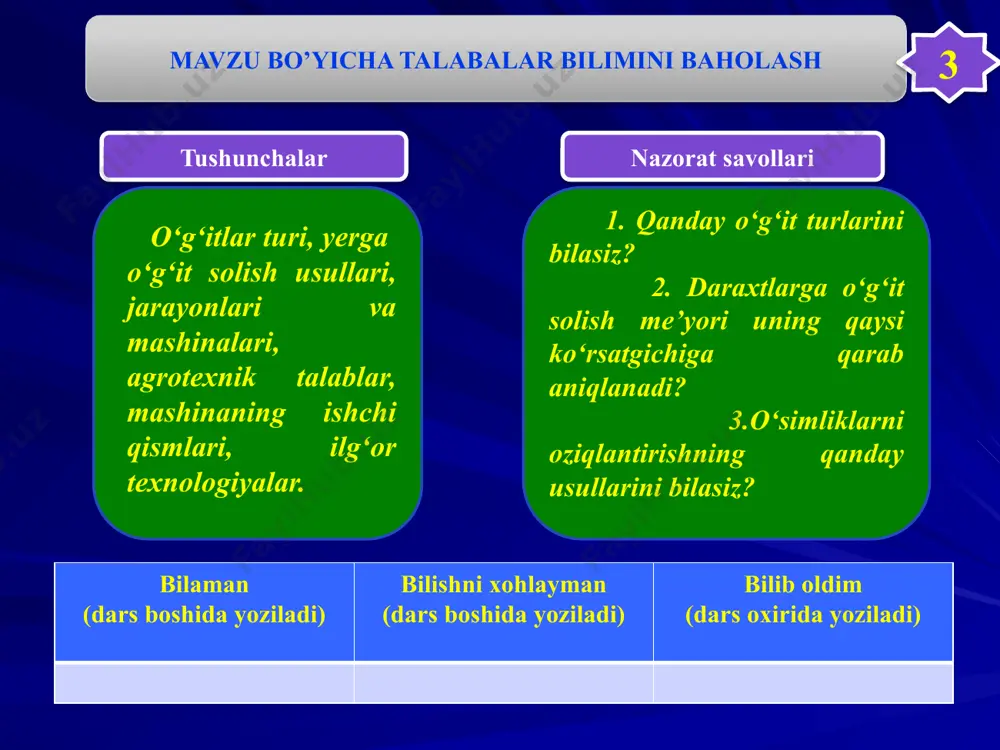 keskin sustlashadi, ildiz, barg va novdalar yaxshi rivojlanmaydi, natijada hosildorlik kamayib ketadi kalsiy. kalsiy moddasi mevalar tarangligini (меванинг тўлиқ пишиб етилиши) ta’minlaydi va mevalarning terimdan keyingi holatini yaxshilaydi. 17 каliy yetishmovchiligining barglarda ko’rinishi olma turlarida kalsiy yetishmov-chiligi magniy yetishmovchiligi temir yetishmovchiligi 18 bir dona mevali (оlma) daraxtiga о‘g‘it solish me‘yori darxt yoshi daraxt asosidagi aylananing diametri, m organik о‘g‘itlar, kg mineral о‘g‘itlar, g ammiakli selitra superfosfat kaliy xlorid 2 2,0 12-15 45 100 30 3-4 2,5 20-25 75 150 50 5-6 3,0 30-40 100 220 70 7-8 3,5 40-50 150 300 100 9-10 4,0 50-60 200 400 130 11-12 5,0 80 300 600 200 19 tokzorlarni о‘g‘itlash о‘g‘itlash toklarni oziqlashtirishning zarur shartlaridan biri. bo’lib, tok bir joyda bir necha yillar davomida о‘sib, tuproqdan anchagina oziq moddalarni о‘zlashtiradi. tokdan gektaridan 200-300 ts. hosil yetishtirilganda, bir yillik о‘sish va olingan hosil hisobiga tok о‘simligi yerdan: 90-105 kg. azot, 40-50 kg. fosfor hamda …