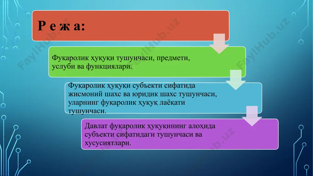 олинмайдиган бўлса (фкнинг 2-модда 5-қисми) 2-гуруҳ иккинчи гуруҳ муносабатларига нисбатан фуқаролик қонун ҳужжатлари татбиқ этилмайди, агар татбиқ этилиши ҳақида қонун ҳужжатларида бевосита кўрсатилган бўлмаса (фкнинг 2-моддаси 6-қисми) биринчи ва иккинчи гуруҳ муносабатлари фуқаролик ҳуқуқи предметига кирмайдиган муносабатларга хос белгиларга эга бўлмасалар-да, уларга нисбатан фуқаролик ҳуқуқи нормалари қўлланилиши мумкин, агар биринчидан улар ўзга қонунлар билан тартибга солинмайдиган бўлса, иккинчидан бу ҳақда махсус қонунда бевосита кўрсатилган бўлса 1-гуруҳ оила меҳнат 2-гуруҳ ўзаро бўйсинув муносабатига асосланган: солиқ атроф муҳитни муҳофаза қилиш табиий ресурслар молия маъмурий мулкий муносабатлар мулкий муносабатлар деганда, вужудга келиш асосида молмулк ва моддий неъматлар ётадиган муносабатлар тушунилади. одатда мулкий муносабатлар иқтисодий муносабатлар, яъни ишлаб чиқариш воситалари, истеъмол буюмлари, умуман киши меҳнатининг ҳар қандай маҳсулотларни яратиш, эгаллаш, фойдаланиш ва тасарруф этиш билан боғлиқ бўлган ижтимоий муносабатларни қамраб олади. шахсий-номулкий муносабатлар фуқаролик ҳуқуқи томонидан тартибга солинадиган мулкий кўринишда бўлмаган шахсий ҳуқуқий муносабатлар икки турга: мулкий муносабатлар билан боғлиқ бўлган шахсий муносабатларга ва …