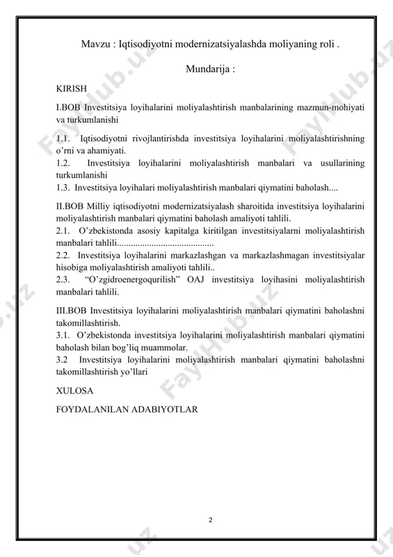 stitsiya loyihalarini moliyalashtirish manbalari qiymatini baholash bilan bog’liq muammolar. 3.2 investitsiya loyihalarini moliyalashtirish manbalari qiymatini baholashni takomillashtirish yo’llari xulosa foydalanilan adabiyotlar kirish kurs ish mavzusining dolzarbligi. o’zbekiston respublikasida ijtimoiy hayotning hamma tomonlarini, ayniqsa, iqtisodiyotni isloh qilishda katta yutuqlarga erishilmoqda. mamlakatda iqtisodiyotni bozor yo’nalishida o’zgartirish, qayta qurish sohasida tamomila yangi yondashuvlar ishlab chiqildi va uning eng muhim hususiyati islohotlarning har bir bosqichida asosiy maqsadlar va ustuvor yo’nalishlar puxta belgilab olindi. o’tgan yilda iqtisodiyotimizga 11 milliard 700 million dollar miqdorida ichki va xorijiy investitsiyalar jalb etildi yoki bu boradagi ko’rsatkich 2011 yilga nisbatan 14 foizga o’sdi. jami investitsiyalarning 22 foizdan yoki 2 milliard 500 million dollardan ortig’ini xorijiy investitsiyalar tashkil etdi, ularning 79 foizdan ko’prog’i to’g’ridan-to’g’ri xorijiy investitsiyalardir”1 deb ta’kidlagan. milliy iqtisodiyotning yangi sifat holatiga erishuvi uchun iqtisodiy siyosat sohasida yangi mezonlar va maqsadlar joriy etilishi talab qilinadi. faqat erishilgan yutuqlarni shunchaki mustahkamlash emas, balki iqtisodiy o’sishning yangi sifatini ta’minlaydigan chora-tadbirlarni amalga …