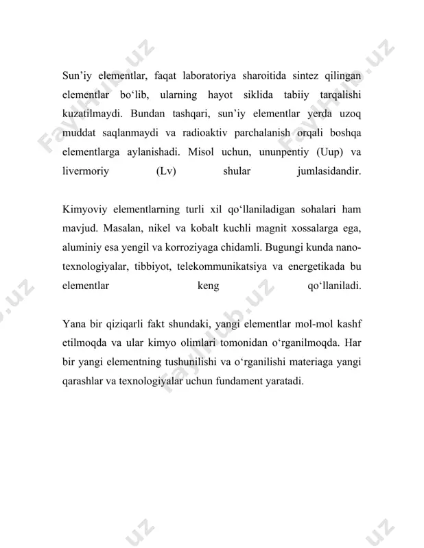 ali hosil bo'ladi va odatda metallmas elementlar orasida uchraydi. anorganik birikmalar muhim texnologik ahamiyatga ega. masalan, metall oksidlari metallurgiya jarayonlarida keng qo'llaniladi. temir (iii) oksid (fe2o3), mis oksid (cuo) kabi metall oksidlari turli metall mahsulotlarini ishlab chiqarishda asosiy manbalardan hisoblanadi. shu bilan birga, kalsiy oksid (cao), yoki odatda lime deb ataladigan modda, qurilish materiallari ishlab chiqarishda ishlatiladi. gazsimon anorganik birikmalarga kelsak, uglerod dioksid (co2), ammiak (nh3), va vodorod sulfid (h2s) kabi gazlar muhim rol o'ynaydi. uglerod dioksid atmosferada topiladi va o'simliklar tomonidan fotosintez jarayonida foydalaniladi. ammiak esa o'g'itlar sanoati uchun muhim xomashyo bo'lib, har yili millionlab tonna miqdorda ishlab chiqariladi. anorganik birikmalar suvda eriymanligi bilan ajralib turadi. masalan, natriy xlorid (nacl), yoki oddiy tuz, suvda eriydi va natriy (na+) va xlor (cl-) ionlariga bo'linadi. bu xususiyat ko'plab tuzlarning eritma holatida turli reaksiyalarda faol ishtirok etishiga imkon beradi. ba'zi anorganik moddalarning suvda erimaydigan qismi esa ularning o'ziga xos xossalaridan biri hisoblanadi. …
