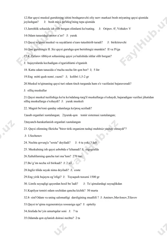 ? j: qovoqdoshlarga 42. xumbosh qanday hayvon? j: baliq 43. 4 boshli muskul tanangizning qaysi qismida joylashgan? j: sonning oldida 44. v.vohidov va o'.oripovlar tibbiyot sohasining qaysi yo'nalishiga o'z hissalarini qo'shganlar? j: jarrohlikka 45. fagotsitoz nima? j: mikroblarninnnnng yo’qotilinishi 46.3- dekabr qanday kun? j; nogironlarni himoyalash kuni 47.osmometr nimani o’lchaydi? j; qonning osmotic bosimini 48.ko’rshapalak qaysi sinfga mansub? j; sutemizuvchi 49.maktabimizning ma’naviy ishlar bo’yicha direktor o’rinbosari kim? j; esanova.m 50. chaqaloqda liqildoqlar soni? j 4 ta 51. birinchi prezidentimizning nomiga qo’yilgan haykallar respublikamizning qaysi viloyatida mavjud. j; toshkent,samarqand va 52.n.ismoilov, z.umidovalar tibbiyotning qaysi sohasida ishlar olib borganlar? j: ichki kasalliklarni o'rganish va davolash 53.fassiya nima? j; muskulni o’rab turuvvh parda 54.gipertoniya qanday kasallik? j; qon bosimi oshishi 55.hujayrani qachon kim kashf etgan? j; 1665 yil r.guk 56.qovurg’alar soni neshta ? j; 12 juft yoki 24 ta 57.musaboyev tibbiyotning qaysi sohasida ishlar olib borgan? j : yuqumli kasalliklarning tarqalish sabablarini aniqlash …