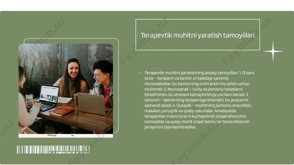 iradi. - terapevtik muhitning samaradorligi muammolarni hal qilishda ko'rinadi. - terapevtik muhitni yaratishda asosiy tamoyillar muhimdir. - amaliy usullar va tadqiqotlar muammolarni hal qilishni yaxshilaydi. photo by jason goodman on unsplash e'tiboringiz uchun rahmat! image1.png image2.png image10.png image11.jpg image3.png image4.png image12.jpg image13.jpg image5.png image6.png image7.png image8.png image9.png