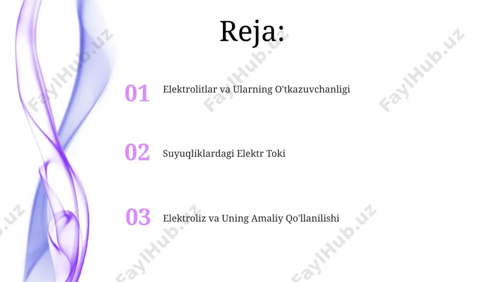 liklardagi bog'liqligi elektrolitik hujayrada, masalan, mis(ii) sulfat eritmasida, anodda 2 elektron berib cu2+ ionlari hosil bo'ladi, katodda esa 2 elektron qabul qilib mis atomlari ajralib chiqadi. bu jarayon natijasida elektr toki o'tkaziladi, va tok kuchi elektrodlar orasidagi kuchlanishga bog'liq. suyuqliklardagi elektr toki kuchi, eritmaning harorati oshishi bilan ortadi. chunki, 30°c da suvning ionlanish darajasi 20°c ga nisbatan yuqori bo'ladi va shuning uchun ham tok o'tkazuvchanligi oshadi. elektrolitik o'tkazuvchanlik elektrolitik o'tkazuvchanlikning qiymati eritmadagi ionlarning konsentratsiyasi va harakatchanligiga bog'liq bo'lib, masalan, 25°c da 1m nacl eritmasining o'tkazuvchanligi taxminan 12,6 sm/m ga teng. elektrolitik o'tkazuvchanlikni o'lchash orqali, masalan, titrlash usulida, eritmadagi moddaning konsentratsiyasi aniqlanadi. bu usul kimyoviy tahlilda, jumladan, o'zbekistonning kimyo sanoatida keng qo'llaniladi. konsentratsiyaning ta'siri tok kuchining konsentratsiyaga bog'liqligi elektroliz jarayonida muhim ahamiyatga ega bo'lib, masalan, 20°c da natriy xloridning 1m eritmasida tok zichligi 10 ma/sm² dan yuqori bo'ladi. elektrolit eritmasining konsentratsiyasi 10% dan 50% gacha o'zgarganda, 25°c da suvli eritmada o'tkazuvchanlik …