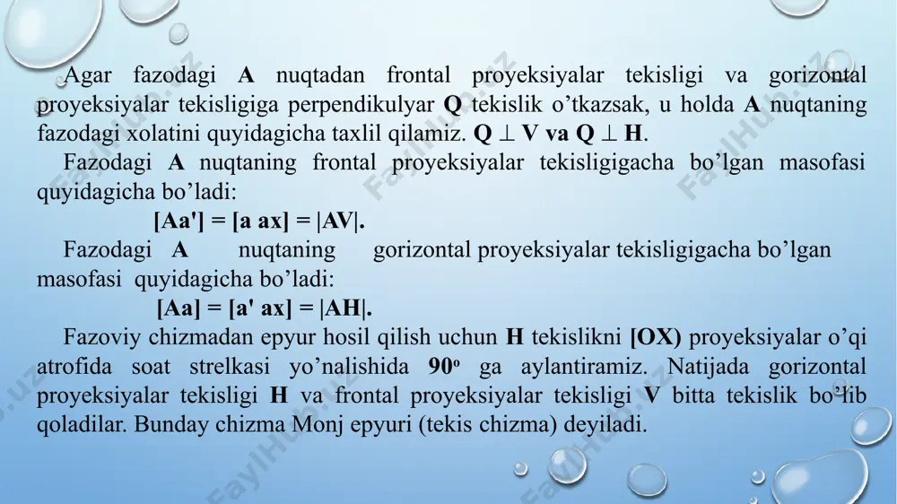 ing birida yotadi. agar x ¹ o, y = o, z = o bo’lsa, nuqta î[ox) agar x = o, y ¹ o, z = o bo’lsa, nuqta î[oy) agar x = o, y = o, z ¹ o bo’lsa, nuqta î[oz) proyeksiyalar o’qlarida yotuvchi nuqtalarning ikkita proyeksiyasi o’zida, bitta proyeksiyasi esa koordinatalar boshida yotadi. agar nuqtaning koordinatalaridan uchtasi o ga teng bo’lsa, nuqta koordinatalar boshida yotadi. agar x = o, y = o, z = o bo’lsa, nuqta î0 koordinata boshida yotuvchi nuqtaning uchta proyeksiyasi o’zida yotadi. masala: koordinatalari bilan berilgan c va d nuqtalarning epyuri chizilsin c (40, 20, -30,), d (20, 15, 0) demak, nuqta cî4 chorakka, nuqta dîh proyeksiyalar tekisligiga. x z y y(-z) cx dx c c’ cz cy cy dy dy dz o c’’ d d d’ d” e’tiboringiz uchun raxmat image3.png image4.png image5.png image6.png image7.png image28.png image9.png image10.png image11.png image35.png image12.png image13.png image14.png …