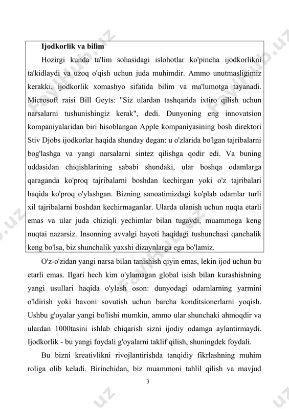 r bilan tugaydi, muammoga keng nuqtai nazarsiz. insonning avvalgi hayoti haqidagi tushunchasi qanchalik keng bo'lsa, biz shunchalik yaxshi dizaynlarga ega bo'lamiz. o'z-o'zidan yangi narsa bilan tanishish qiyin emas, lekin ijod uchun bu etarli emas. ilgari hech kim o'ylamagan global isish bilan kurashishning yangi usullari haqida o'ylash oson: dunyodagi odamlarning yarmini o'ldirish yoki havoni sovutish uchun barcha konditsionerlarni yoqish. ushbu g'oyalar yangi bo'lishi mumkin, ammo ular shunchaki ahmoqdir va ulardan 1000tasini ishlab chiqarish sizni ijodiy odamga aylantirmaydi. ijodkorlik - bu yangi foydali g'oyalarni taklif qilish, shuningdek foydali. bu bizni kreativlikni rivojlantirishda tanqidiy fikrlashning muhim roliga olib keladi. birinchidan, biz muammoni tahlil qilish va mavjud echimlarning chegaralarini aniqlash uchun tanqidiy fikrlashdan foydalanamiz. shunday qilib, qanday yaxshi yechim bo'lishi mumkinligini bilamiz. va yangi yechimga ega bo'lganimizda, tanqidiy fikrlash haqiqatan ham ish beradimi yoki yo'qligini aniqlashga yordam beradi. haqiqiy ijodiy jarayon sinov va xatolarni o'z ichiga oladi. eng yaxshi echimni topishdan oldin biz ming …