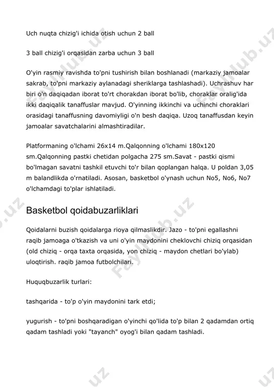 ing o'lchami 180x120 sm.qalqonning pastki chetidan polgacha 275 sm.savat - pastki qismi bo'lmagan savatni tashkil etuvchi to'r bilan qoplangan halqa. u poldan 3,05 m balandlikda o'rnatiladi. asosan, basketbol o'ynash uchun no5, no6, no7 o'lchamdagi to'plar ishlatiladi. basketbol qoidabuzarliklari qoidalarni buzish qoidalarga rioya qilmaslikdir. jazo - to'pni egallashni raqib jamoaga o'tkazish va uni o'yin maydonini cheklovchi chiziq orqasidan (old chiziq - orqa taxta orqasida, yon chiziq - maydon chetlari bo'ylab) uloqtirish. raqib jamoa futbolchilari. huquqbuzarlik turlari: tashqarida - to'p o'yin maydonini tark etdi; yugurish - to'pni boshqaradigan o'yinchi qo'lida to'p bilan 2 qadamdan ortiq qadam tashladi yoki "tayanch" oyog'i bilan qadam tashladi. to'pni olib yurish (dribling paytida o'yinchining qo'li to'p ostida) va ikki marta dribling (o'yinchi to'pni o'z qo'liga olish bilan tugatgandan so'ng, to'pni dribling paytida maydon bo'ylab harakatlanish huquqiga ega - u boshlay olmaydi) yana dribling) hujumchi o'yinchi uch soniyadan ko'proq vaqt davomida erkin to'p tashlash zonasida uning jamoasi hujum …