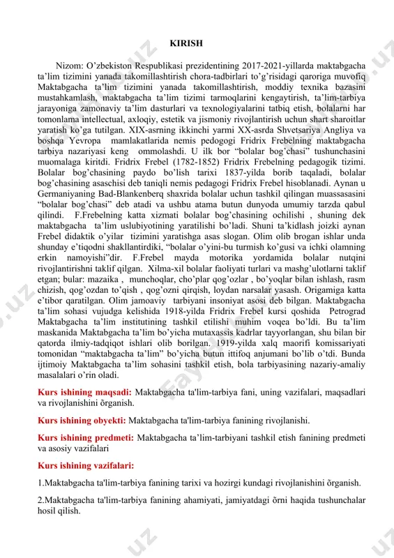 bog’chasining ochilishi , shuning dek maktabgacha ta’lim uslubiyotining yaratilishi bo’ladi. shuni ta’kidlash joizki aynan frebel didaktik o’yilar tizimini yaratishga asas slogan. olim olib brogan ishlar unda shunday e’tiqodni shakllantirdiki, “bolalar o’yini-bu turmish ko’gusi va ichki olamning erkin namoyishi”dir. f.frebel mayda motorika yordamida bolalar nutqini rivojlantirishni taklif qilgan. xilma-xil bolalar faoliyati turlari va mashg’ulotlarni taklif etgan; bular: mazaika , munchoqlar, cho’plar qog’ozlar , bo’yoqlar bilan ishlash, rasm chizish, qog’ozdan to’qish , qog’ozni qirqish, loydan narsalar yasash. origamiga katta e’tibor qaratilgan. olim jamoaviy tarbiyani insoniyat asosi deb bilgan. maktabgacha ta’lim sohasi vujudga kelishida 1918-yilda fridrix frebel kursi qoshida petrograd maktabgacha ta’lim institutining tashkil etilishi muhim voqea bo’ldi. bu ta’lim maskanida maktabgacha ta’lim bo’yicha mutaxassis kadrlar tayyorlangan, shu bilan bir qatorda ilmiy-tadqiqot ishlari olib borilgan. 1919-yilda xalq maorifi komissariyati tomonidan “maktabgacha ta’lim” bo’yicha butun ittifoq anjumani bo’lib o’tdi. bunda ijtimoiy maktabgacha ta’lim sohasini tashkil etish, bola tarbiyasining nazariy-amaliy masalalari o’rin oladi. kurs ishining …
