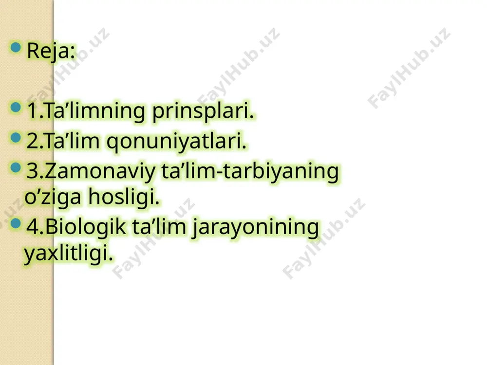 a kamol topgan insonni shakillantirishga imkon beradi.o’qtuvchi biologiyani o’qitishda ta’lim-tarbiyaning uzviyligini ta’minlashi,o’rganilayotgan mavzu mazmuniga bog’liq holda o’quvchilarning ma’naviy-axloqiy,vatanparvarlik,ekologik,estetik,iqtisodiy,xuquqiy,jismoniy,jinsiy,mehnat va baynalminal tarbiyasini amalga oshirishi lozim. ta’lim-tarbiya jarayonining tahsil oluvchilarning faoliyati harakteriga bog’liqligi qonuni;ta’lim-tarbiya jarayonini tashkil etish usuli va olinajak natja,pedagogik boshqarish va tahsil oluvchilarning faolligini orttirish o’rtasidagi uzviy bog’liqlikni aks ettiradi. mazkur qonun kadrlar tayyorlash milliy dasturi talablari asosida ta’lim-tarbiya jarayoniga ilg’or pedagogik tehnalogiyalarni qo’llash,shu asosda zamonaviy o’quv uslubiy majmualarni yaratish va o’quv tarbiya jarayonini didaktik jixatdan ta’minlashni,o’quvchilarning qobiliyatlari va imkoniyatlariga muofiq ravishda talimga tabaqalashtirilgan yondashularni joriy etish,o’quvchilarni o’z o’quv bilish,faoliyatining to’laqonli subyektiga aylantirishni ko’zda tutadi. o’zbekiston respublikasining mustaqillikka erishishi,jahon hamjamiyatiga yuz tutishi,rivojlangan mamlakatlar bilan qtisodiy,madaniy-ma’rifiy,diplomatik aloqalarning yo’lga qo’yilishi barcha jabxalar kabi ta’lim tizimini islox qilishni talab etdi. shu sababli o’zbekiston respublikasining “ta’lim to’g’risida”gi qonunida ta’lim mamlakatimizning ijtimoiy taroqqiyot soxasida ustuvor yo’nalish deb e’lon qilingan. respublikamizda olib borilayotgan ta’lim soxasidagi isloxatlarning muvofaqqiyati uzluksiz ta’lim tizimining barcha turlarida ta’lim-tarbiya jarayoni tashkil etiladigan …