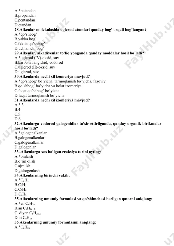 ganda qanday sikloalkan xosil bo’ladi? a.*1,2-dimetilsiklopropan b.1,3- dimetilsiklopropan c.metilsiklopropan d.etilsiklopropan 52.2-buten kaliy permanganatni suvdagi eritmasi bilan oksidlanganda qanday birikma hosil bo’ladi? a.*2,3-butandiol b.propanol c.butanol-2 d.etanol 53.organik kimyo fani nimani o`rganadi? a.*organik kimyo fani organik moddalarni tashkil qiluvchi uglerod birikmalarining kimyosini o`rganuvchi fan. b.o`simliklar va hayvonlar organizimidan ajratib olingan moddalarni o`rganuvchi fan. c.uglevodorodlar va ularning hosilalarini o`rganuvchi fan. d.uglerod birikmalari tuzilishini va ularning kimyoviy o`zgarishlarini o`rganuvchi fan. 54. uglevodorodlar qanday guruhlarga bo`linadi? a.*alifatik alisiklik aromatik b.aromatik alisiklik nitrobirikmalar c.alisiklik alifatik aminobirikmalar d.aromatik alifatik nitrobirikmalar 55.a.m.butlerov o`z nazariyasining isboti sifatida qaysi moddalarni sintez qilgan? 1 n-butan; 2 izo-butan; 3 ikkilamchi butil spirit; 4 uchlamchi butil spirit: a.*1,2 b.1,3 c.1,4 d.2,4 56.150g etan c2h6 normal sharoitda qancha hajimni egallaydi? a.112,0litr b.89,6litr c.134,4 litr d.156,8 litr 57.organik reaksialarda kimyoviy bo`g`ning uzilishi necha xil bo`lishi mumkin? a.*2 b.1 c.4 d.5 58. qanday uglevodorodlarga alkanlar deyiladi? a.*molekulasidagi uglerod atomlari faqat oddiy bo`g`lar orqali bog`lanib qolgan valentliklari …