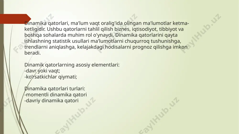 n): — bu ikki o‘zgaruvchi orasidagi chiziqli bog‘lanishni aniqlash uchun qo‘llaniladigan matematik usuldir. y = ax + b 2. polinom regressiya (polynomial regression): - agar o‘zgarishlar chiziqli bo‘lmasa, polinom regressiyasi yordamida qatorni modellash mumkin. 3. eksponensial o‘sish modeli (exponential growth model): - bu model vaqt o‘tgan sayin ko‘rsatkichlarning tez o‘sishini ifodalash uchun ishlatiladi. 4. sirkulyatsion model (cyclic model): - agar qator siklik (takrorlanuvchi) bo‘lsa, sirkulyatsion model yordamida o‘zgarishlarni prognoz qilish mumkin. dinamika qatorlar dinamika qatorlarini boshlang’ich mutlaq miqdorlar va hosilaviy ko’rsatkichlar asosida tuzish mumkin. hosilaviy ko’rsatkich qatorlari deganda mutlaq miqdorlarni qayta ishlash natijasida olingan nisbiy va o’rtacha miqdorlar asosida tuzilgan qatorlar tushuniladi. dinamika qatorlarini tahlil qilish jarayonida bir qator ko’rsatkichlar hisoblanadi,bular: - mutlaq qo’shimcha o’sish yoki kamayish; -o’sish yoki kamayish koeffitsiyenti yokim sur’ati; -qo’shimcha o’sish yoki kamayish koeffitsiyenti yoki sur’ati; -1% qo’shimcha o’sishningh yoki kamayishning mutlaq qiymati mutlaq qo’shimcha o’zgarish. o’rganilayotgan davr darajasini oldingi yoki bazis davr darajasidan farqini ifodalaydi. …