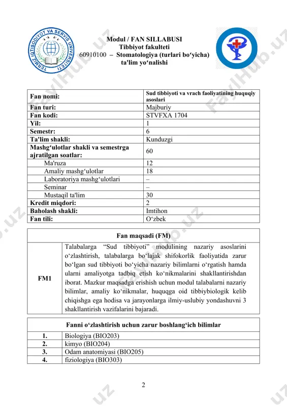 murdasini sud-tibbiy tekshirish usullari va ekspert xulosasini tuzishni o‘rgatish. tn2 - talabalarni, o‘tkir va o‘tmas jismlar, hamda o‘q otar quroldan yetkazilgan jarohatlarni sud-tibbiy tekshirish usullari bilan tanishtirish. - talabalarni, tirik shaxslar sud-tibbiy ekspertizasi, shuningdek tan jarohatlarining og‘irlik darajasini baholash, ko‘rikdan o‘tkazish dalolatnomasini va ekspert xulosasini tuzishning asosiy prinsiplari bilan tanishtirish. - talabalarga, daliliy ashyolarni yig‘ish, o‘rash, laboratoriyalarga yuborish usullarini o‘rgatish. tn3 - talabalarni, tibbiy hujjatlar va dastlabki sud-tergov materiallari bo‘yicha ekspertiza o‘tkazish bilan tanishtirish. - tibbiyot xodimlarining kasbiy huquqbuzarliklaridagi javobgarlik bilan tanishtirish. fuqarolar sog‘lig‘ini saqlash haqidagi qonunchilik asoslarini o‘rganish. - tibbiy faoliyatdagi turli xil huquqiy munosabatlarning xususiyatlarini anglash, tibbiy xodimlarning kasb huquqbuzarliklarini turli xil ko‘rinishlari (intizomiy, fuqaroviy, ma’muriy, jinoiy) bilan tanishtirish. tibbiy xodimlarning qilmishi va jinoiy harakatlari mohiyatini farqlashni o‘rgatish. ko‘nikmalar jixatidan: tn4 modul davomida talabalar sud tibbiyoti moduli murdani tekshirish usullari, laboratoriya tekshiruvlari uchun murdadan material olish usullari, sud tibbiy tashxis tuzish, ekspert xulosasi to‘xtamlarini tuzish, tirik shaxslar ekspertizasini …