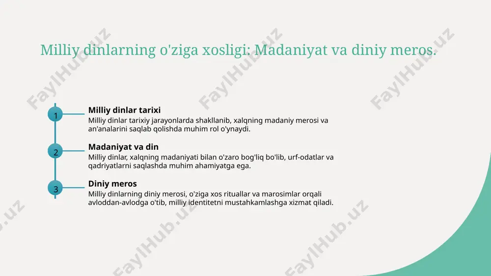 ton respublikasi fanlar akademiyasi, 2021 2. rajabov, t. o'zbek milliy dinlari tarixi va rivojlanishi. toshkent davlat universiteti, 2020 3. xolmatov, b. milliy diniy an'analar va zamonaviylik. o'zbekiston milliy universiteti, 2022 4. sadykova, m. milliy dinlar va ularning o'zbekiston madaniyatidagi ahamiyati. o'zbekiston respublikasi madaniyat vazirligi, 2019 5. abdullaeva, n. milliy dinlar va ularning yoshlar hayotidagi o'rni. o'zbekiston yoshlar ittifoqi, 2023 e'tiboringiz uchun rahmat! /docprops/thumbnail.jpeg