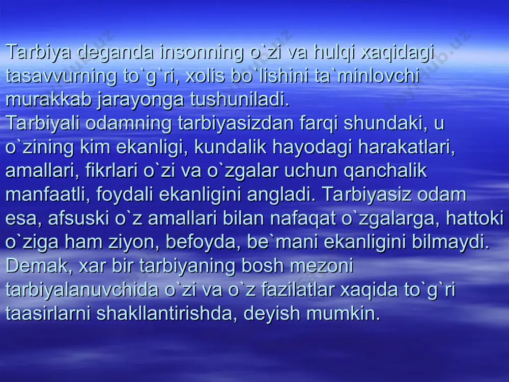 o’sishi xulosa shuki, mafkuraviy tarbiya odam tug`ilgandan so`ng oilada ota – ona tasirida boshlanadi, songra mahalla, ta`lim muassasalari, mehnat jamoalari, malakani oshirish muassasalarida davom va umrining oxirigacha olib boriladi. yoshlarni mafkuraviy tarbiyalashda ularda mas`ulyat, e`tiqod, imon kabi hususiyatlarni shakilantirish birinchi darajali ahamiyatga ega. payg`ambarimiz muhammad sallolohu alayhi va – s – sallomning hadislarining birida shunday yozilgan: “vatanni sevish imondandir”.