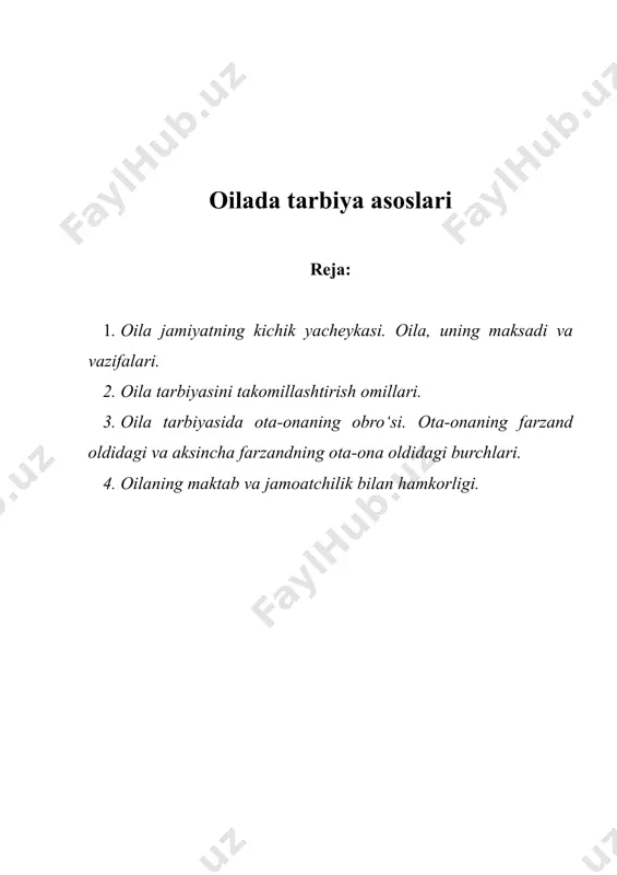 ining ko‘p kismi oilada o‘tadi. shu boisdan turmushning murakkab muammolari bilan oilada tanishadilar. oiladagi mavjud an’analar, urf-odatlar, rasm-rusumlar va marosimlarning ijobiy ta’sirida yigit-kizlar asta-sekin kamol topib boradilar. an’ana va marosimlar tarbiyaning kudratli kuroliga aylanadi. kelajagimizning kanday bo‘lishi xozirgi kunda biz tarbiyalayotgan yoshlarga boglik.bu konuniyat oilaning tarbiya borasidagi faoliyatiga ham boglik. oilaviy tarbiyaning murakkabligi shundaki, har bir oila o‘ziga xos bir olam. u tarbiya ishida ham o‘ziga xos xususiyatlarni namoyon kiladi. oilaviy tarbiya ijtimoiy tarbiya bilan uzviy alokada bo‘lsagina, o‘sib kelayotgan yosh avlod farovonligini ta’minlash mumkin. oila tarbiyasidagi yutuklar ota-onalarga pedagogik bilimlar berish, oilaviy tarbiya bo‘yicha tajribalar almashishi, ota-onalarni tarbiyaviy ishlarga kizgin jalb kilishga ham boglikdir. har bir ota-ona o‘z farzandlarini tarbiyalash borasidagi burch va mas’uliyatlarini chukur anglashlariga boglikdir. bundan tashkari normal oilaviy muxit, ota-onaning obro‘si, to‘gri kundalik rejim, bolani kitobga va o‘kishga, mexnat kilishga o‘z vaktida jalb kilishlari ham muvaffakiyat garovidir. ko‘rinib turibdiki, kadimdan ham, bugun va ertaga ham, bundan …