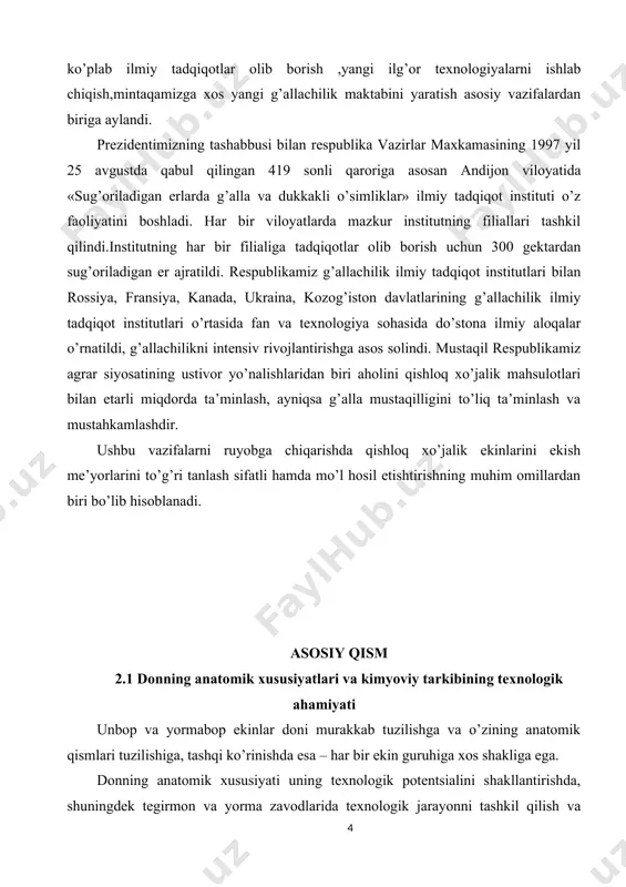 ing qobiqdorligi oshadi. tajribalar shuni ko’rsatadiki, mag`iz miqdori un yoki yormaning chiqishiga bevosita bog`liq. 1.1 – rasmda bug`doy donining ko’ndalang va bo’ylama qirqimi keltirilgan. anatomik qism bo’yicha don uchga bo’linadi: mag`z (endosperm), murtak va ularni o’rab turgan qobiqlar – donni himoyalovchi qavat. har bir qism murakab tuzilish va tarkibga ega. bug`doy, arpa, javdar, tritikale, suli donlarining ichki qismida jo’yakchasi bo’lib, maxsus burma shaklda mag`z ichiga kirgan. navli un va yorma ishlab chiqarishda donning tashqi qavatlari qo’shimcha mahsulot – kepak, ozuqa uni, qipiq ko’rinishida ajratib olinadi, donning mag`zi esa tayyor mahsulotga aylantiriladi. donning anatomik qismlarining bunday alohida mahsulotlarga ajratish murakkab muhandislik vazifasi xisoblanadi. jadval 1 boshoqli va yormabop ekin donlari kimyoviy tarkibi kraxmal miqdorining yuqoriligi bilan tavsiflanadi. dukkakli ekin urug`lari oqsilga, ba`zilari esa yog`ga boydir. yormabop ekin donlarida kletchatka miqdori ko’p bo’ladi, bu esa gul qobiqlarning mavjudligi bilan tavsiflanadi. kimyoviy moddalar anatomik qismlar bo’yicha teng taqsimlanmagan bo’lib, bu murtak, mag`iz va …