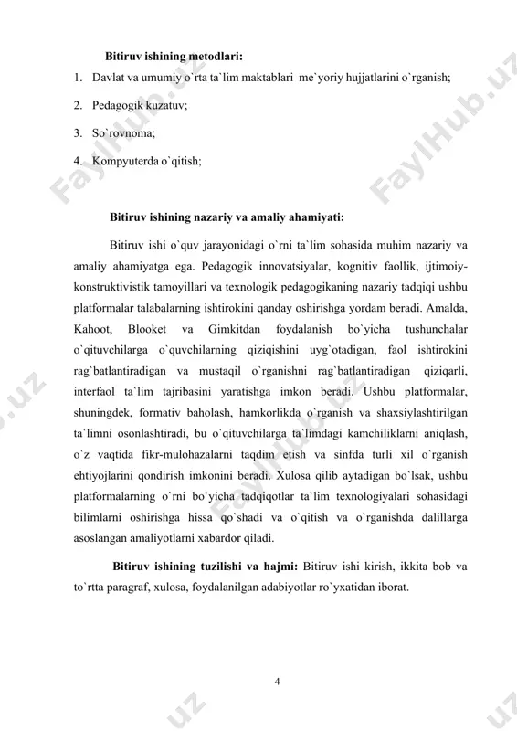 o`qituvchilarga o`quvchilarning qiziqishini uyg`otadigan, faol ishtirokini rag`batlantiradigan va mustaqil o`rganishni rag`batlantiradigan qiziqarli, interfaol ta`lim tajribasini yaratishga imkon beradi. ushbu platformalar, shuningdek, formativ baholash, hamkorlikda o`rganish va shaxsiylashtirilgan ta`limni osonlashtiradi, bu o`qituvchilarga ta`limdagi kamchiliklarni aniqlash, o`z vaqtida fikr-mulohazalarni taqdim etish va sinfda turli xil o`rganish ehtiyojlarini qondirish imkonini beradi. xulosa qilib aytadigan bo`lsak, ushbu platformalarning o`rni bo`yicha tadqiqotlar ta`lim texnologiyalari sohasidagi bilimlarni oshirishga hissa qo`shadi va o`qitish va o`rganishda dalillarga asoslangan amaliyotlarni xabardor qiladi. bitiruv ishining tuzilishi va hajmi: bitiruv ishi kirish, ikkita bob va to`rtta paragraf, xulosa, foydalanilgan adabiyotlar ro`yxatidan iborat. 5 i – bob. gimkit.com, blooket.com va shunga o`xshash onlayn viktorinalarning yaratilish tarixi va o`ziga xos xususiyatlari 1.1. blooket.com, gimkit.com va shunga o`xshash onlayn viktorinalarning yaratilish tarixi blooket.com, gimkit.com va shunga o`xshash onlayn viktorinalari ta`lim oluvchilar va o`qituvchilar uchun interaktiv ta`lim jarayonini osonlashtirish uchun mo`ljallangan mashhur onlayn platformalardir. bularning har biri o`quvchilarni turli ta`lim sharoitlarida jalb qilish uchun moslashtirilgan …