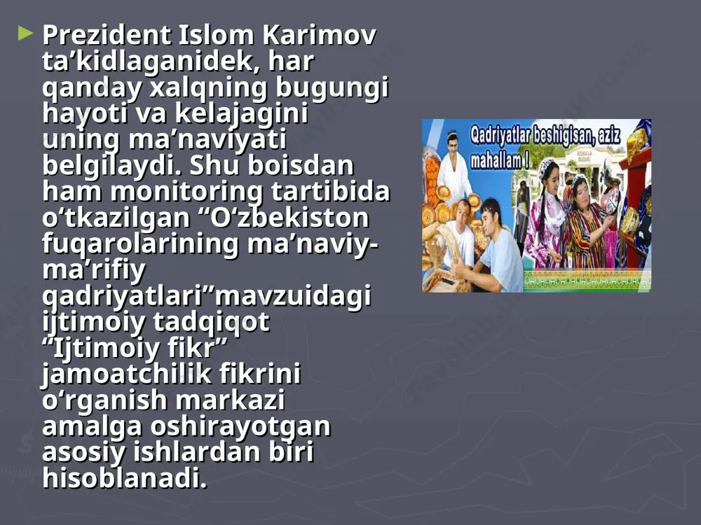 an savolga so‘ralganlarning aksariyati (71,3 foizi) qoniqarli javob bergan. so‘rov ishtirokchilari ushbu omilni aniqlashda avvalgi yillardagi kabi “mamlakat va oiladagi tinchlik hamda barqarorlik”ni, keyin “yaxshi ish, o‘z ishi va ma’lumotga ega bo‘lish”, “qarindoshlari va yaqinlarining salomatligi”, “moddiy farovonlik”ni birinchi o‘ringa qo‘ygan. tobora rivojlanib borayotgan jamiyatimizda mehnatning ma’naviy-axloqiy ahamiyati ortib bormoqda. aholining asosiy qismi mehnatni nafaqat pul ishlab topish yo‘li, balki asosiy hayotiy qadriyatlardan biri sifatida qabul qiladi. bunda mehnat qilish (jamiyat va odamlarga foyda keltirish) hamda uning mazmun-mohiyati katta ijtimoiy ahamiyatga ega ekanligiga e’tibor qaratilmoqda. fuqarolarning fikricha, hayotda muvaffaqiyatga erishish uchun avvalo, katta mahorat, mehnat qilish ishtiyoqi (boshqa mutaxassislikka ega bo‘lish qobiliyati) va zarur ma’lumotga ega bo‘lish darkor.