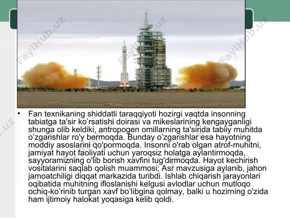 ko’rsatadi. agar keyingi 30-40 yil ichida ekologik muammolarni hal qilish uchun barcha zarur chora tadbirlar ko'rilmasa, ekologik inqiroz muqarrar bo"lib qolishi mumkin. tabiat va jamiyatning o'zaro mutanosib rivojlanishi koevolyutsiya deb ataladi. bu rivojlanish suratlari o'zaro mos kelmasa inqirozga olib keladi. jamiyatning tabiatga ta'sirini meyorga solib turish lozimdir. ekologiya deganda organizmlarning o'zaro va muhit bilan aloqadorligini o'rganadigan biologik fan tushuniladi. tabiatni muhofaza qilish deganda barcha avlodlarning ehtiyojlarini hisobga olgan xolda tabiiy boyliklardan oqilona foydalanish va atrof muhitni mussafo holida saqlashga qaratilgan, ilmiy asosda amalga oshiriladigan mahalliy, davlat va xalqaro tadbirlar majmuasi tushuniladi. tabiatni muhofaza qilish deganda kompleks fan ham nazarda tutiladi. demak, ekologiya va tabiatni muhofaza qilish tushunchalari alohida mazmun va maqsadga ega bo`lgan tushunchalardir. ekologiya tabiatni muhofaza qilishning nazariy asosi hisoblanadi.