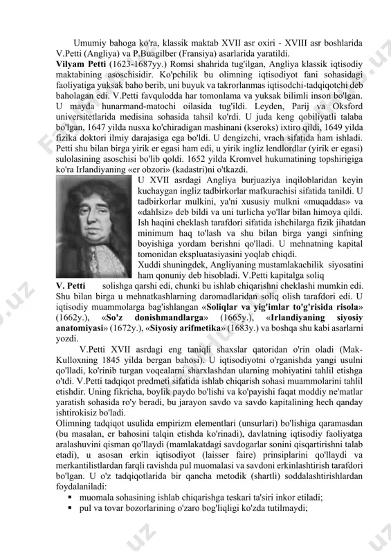 kelgan nisbatan progressiv kapitalistik munosabatlarning ichki iqtisodiy aloqalarini o'rgandilar va o'z tadqiqotlarini asosan ishlab chiqarish sohasiga ko'chirdilar. klassik iqtisodiy maktab deganda v.pettidan boshlanadigan iqtisodiy tadqiqotlar tan olinadi, bu ta'limot ishlab chiqarishdagi bozor munosabatlarining ichki aloqadorligini o'rganadi va tahlil etadi. v.petti klassik maktab otasi va statistikaning kashfiyotchisidir. angliyada v.petti, fransiyada p.buagilber shu maktabning boshlovchilari bo'lsa, fransiyada shu maktabning bir yo'nalishi bo'lgan fiziokratlar vujudga keldi (f.kene, a.tyurgo) va u a.smit, d.rikardolar bilan yakunlanadi. bu davr kapitalistik munosabatlar rivojiga yo'l ochib berdi. r.xeylbroner va l.turoularning fikricha («ekonomika dlya vsex»), ishlab chiqarish omillari vujudga keldi: mehnat, er va kapital tovarga aylantirildi, bungacha ular tovar bo'lmagan. hozirgi davr tili bilan aytganda, bozor tizimi, bozor jamiyati barpo etila boshlandi. yangi ta'limotning klassik (mumtoz) deb atalishiga sabab avvalo shuki, hozirgi iqtisodiyotning asosida yotuvchi ko'pgina nazariya va metodologik qoidalarning haqiqiy ilmiy xarakteri bilan izohlanadi. mana shu maktab namoyondalarining xizmatlari tufayli iqtisodiy nazariya ilmiy fan darajasiga ko'tarildi. erkin xususiy …