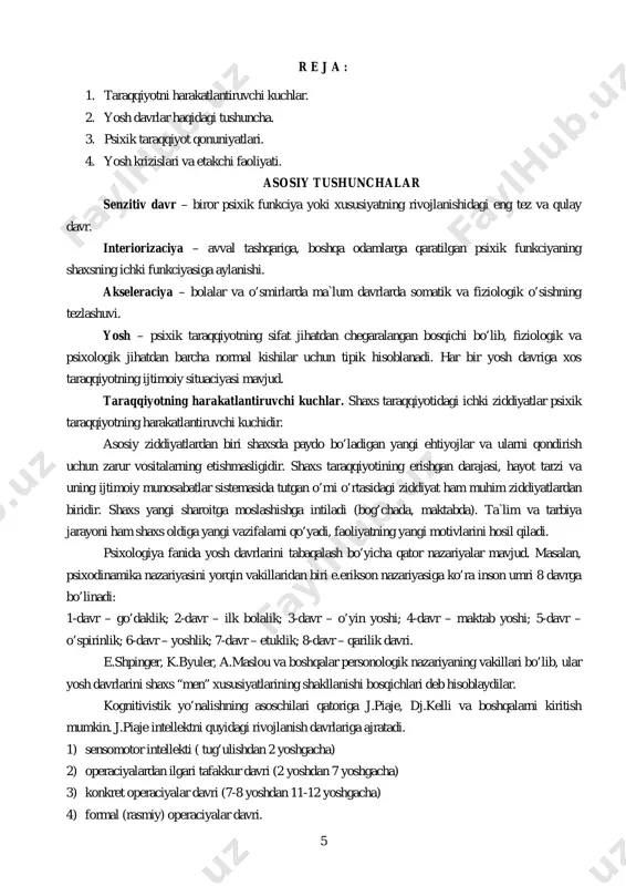 , ular yosh davrlarini shaxs “men” xususiyatlarining shakllanishi bosqichlari deb hisoblaydilar. kognitivistik yo’nalishning asoschilari qatoriga j.piaje, dj.kelli va boshqalarni kiritish mumkin. j.piaje intellektni quyidagi rivojlanish davrlariga ajratadi. 1) sensomotor intellekti ( tug’ulishdan 2 yoshgacha) 2) operaciyalardan ilgari tafakkur davri (2 yoshdan 7 yoshgacha) 3) konkret operaciyalar davri (7-8 yoshdan 11-12 yoshgacha) 4) formal (rasmiy) operaciyalar davri. 6 sobiq sovet psixologlari l.s.vigotskiy, l.i.bojovich, d.b.el`konin, a.a.lyublinskaya, v.a.kruteckiy, a.v.petrovskiylar ham yosh davrlarini o’ziga xos tabaqalash nazariyalarini yaratdilar. ular orasida d.b.el`koninning tasnifi alohida o’rin tutib, etakchi faoliyat nazariyasiga asoslanadi. bu nazariyaga ko’ra har bir yosh davrida biror faoliyat turi inson shaxsi shakllanishida asosiy rol` o’ynaydi. bu yosh davrlari quyidagilar: 1) go’daklik davri – tug’ilgandan 1 yoshgacha; asosiy faoliyat – bevosita emocional muloqot. 2) ilk bolalik davri – 1 yoshdan 3 yoshgacha; asosiy faoliyat – predmetli faoliyat. 3) maktabgacha davr – 3 yoshdan 7 yoshgacha; asosiy faoliyat – rolli o’yinlar. 4) kichik maktab yoshi davri …