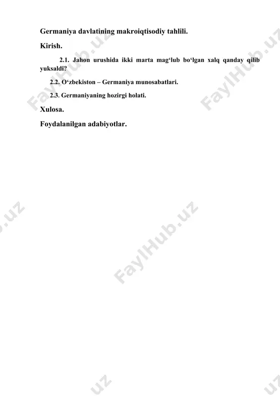 tutsiyasi, parlament va hukumati bor 2.1. jahon urushida ikki marta mag‘lub bo‘lgan xalq qanday qilib yuksaldi? germaniya ikki marta jahon urushlarida mag‘lub bo‘lgan bo‘lsa-da, 80 yil ichida jahonning eng iqtisodiyoti rivojlangan davlatlaridan biriga aylana oldi. germaniya ikki marta jahon urushlarida mag‘lub bo‘lgan bo‘lsa-da, 80 yil ichida jahonning eng iqtisodiyoti rivojlangan davlatlaridan biriga aylana oldi. davlat boshlig‘i – federal prezident germaniya federativ respublikasi poytaxti berlin shahri bo‘lib (1991-yilning iyun oyidan), mamlakat ma’muriy jihatdan 16 yer (viloyat)ga – yerlar okruglarga, okruglar tumanlarga, tumanlar jamoalarga bo‘linadi. mamlakat germaniya (deutschland), germaniya federativ respublikasi(bundesrepublic deutschland), gfr kabi nomlar bilan yuritiladi. davlat tuzumi (gfr) – federativ respublika bo‘lib, amaldagi konstitutsiyasi 1949-yil 23-mayda qabul qilingan. unga 1954, 1956, 1990, 1993 va 1994-yillarda qo‘shimchalar kiritilgan. davlat boshlig‘i – federal prezident. u maxsus chaqiriladigan federal majlis tomonidan 5 yil muddatga saylanadi va yana bir. federal majlis bundestag raisi tomonidan chaqiriladi va u bundestag deputatlari hamda landtaglar (yer parlamentlari) tomonidan …