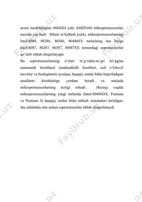 ritmlarning graf – sxemasi, mantiqiy sxemasi va matritsa sxemasi tillari ishlatiladi. algoritmlarning graf – sxemasi ags – mikroprogrammani tashkil qiluvchi mikroamallarning bajarilishi tartibini belgilovchi uchlar va ular orasidagi bog‘lanishlardir. uchlar to‘rt xilga bo‘linadi: boshlanish uchi, operator uchi, shart uchi, tamom uchi. odatda g‘ar xil qurilmalarni loyihalashda avvalo mazmunli ags tuziladi. bunday ags dagi operator va shart uchlarining ichida mikroamallar va mantiqiy shartlar mazmunli terminlarda yozilgan bo‘ladi. har qanday mikroprotsessor aniq sondagi elementlardan tashkil topgan, bo‘larga :1)xotira 2)registr 3) arifmetik mantiqiy qurilma 4)boshqarish qurilmasi. 1) xotira – operativ xotira bilan arifmetik mantiqiy qurilma orasidagi yordamchi kesh xotira bo‘lib, asosiy vazifasi operativ xotiraning ma’lumotlarni o‘qib arifmetik mantiqiy qurilmaga uzatishdir. 2) registr – mikroprotsessorda bajarilayotgan ichki ma’lumotlar xotira adreslari va bajarayotgan buyruqlarni vaqtinchalik saqlash uchun xizmat qiladi. 3) arifmetik mantiqiy qurilmada asosan ma’lumotlarni arfmetik va mantiqiy qayta ishlashni amalga oshiradi. 4) boshqarish qurilmasi – mikroprotsessorning ichki ish rejimida zarur bo‘ladigan boshqaruvchi signallarni va …