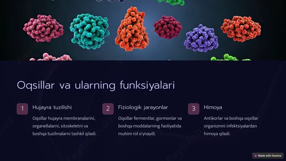 ibosomalar va ularning vazifasi mrnaga birikish ribosomalar mrna molekulasiga birikib, oqsil sintezini boshlaydi. aminokislotalarni biriktirish ribosomalar trnklarni o'qib, ularga bog'langan aminokislotalarni bir-biriga biriktiradi. 9 oqsil biosintezi jarayonining ahamiyati 1 hujayra faoliyati oqsillar hujayralarni qurilish va faoliyatini ta'minlaydi. 2 organizm rivojlanishi oqsillar organizmning o'sishi va rivojlanishi uchun zarurdir. 3 sog'liqni saqlash oqsillar immunitet tizimini mustahkamlaydi va organizmni kasalliklardan himoya qiladi. 10 swot tahlil kuchli tomonlari (strengths) genetik axborotni ifodalash: oqsil biosintezi dnkdagi genetik axborotni oqsil shaklida amalga oshiradi va bu jarayon barcha hujayralarning hayotiy faoliyatini ta'minlaydi. xususiyatlarning merosiylanishi: oqsil biosintezi orqali irsiy xususiyatlar va funksiyalar saqlanadi va nasldan-naslga o‘tadi, bu esa tur doimiyligini ta’minlaydi. tarkibiy va funksional xilma-xillik: jarayon oqsil molekulalarining xilma-xil tarkibiy va funksional turlarini yaratishga imkon beradi. bu xilma-xillik hujayraning har tomonlama rivojlanishiga va muhitga moslashishiga xizmat qiladi. zaif tomonlari (weaknesses) jarayonning murakkabligi: oqsil biosintezi ko‘p bosqichlarni o‘z ichiga oladi va murakkab molekulyar mexanizmlarga ega. har bir bosqichdagi kichik …