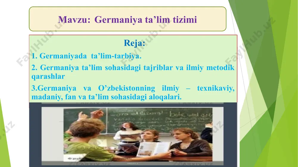 anmi, demak, yashayapman aslzodalar orzu qilgan universitet germaniya va o’zbekistonning ilmiy – texnikaviy, madaniy, fan va ta’lim sohasidagi aloqalari. ilmiy-texnikaviy va madaniy aloqalar mashhur nemis jamg’arma va fondlari, notijorat tashkilotlar hisoblangan, “konrad adenauer”, “fridrix ebert”, “aleksandr fon gumbolt”, “daad”, “gyote instituti”, “karl duseyberg” kabilar bilan olib borilmoqda. daad dasturlari bo’yicha, 1993-2003 yillar davomida respublikamizning 500 nafar talaba va o’quvchilari germaniya oliygohlarida bo’ldi. 1998 yil 97 nafar, 1999 yil 13 nafar, 2000 yil 19 nafar o’zbekistonlik talaba “umid” jamg’armasi orqali o’qish uchun yuborildi. jamoat va ijodiy uyushmalar ishtirokida hamda bevosita tashkilotchiligida har 2-3 yilda bir bor germaniyada “o’zbekiston kunlari”, o’zbekistonda “germaniya haftaligi” tadbirlari o’tkazilishi an’anaga aylangan. ushbu tadbirlar doirasida o’tkazilayotgan betakror o’zbek qo’shiqchilik va raqs san’ati, milliy hunarmandchilik buyumlari ko’rgazmasi kabilar nemis jamoatchiligida katta qiziqish uyg’otmoqda. germaniya va mustaqil o’zbekiston o’zaro hamkorligining adabiyot, san’at, fan va ta’lim sohasidagi boy tajribasi to’plandi. ushbu bo’limda tarixiy hujjatlar va adabiyotlar tahlili orqali mazkur tajriba …
