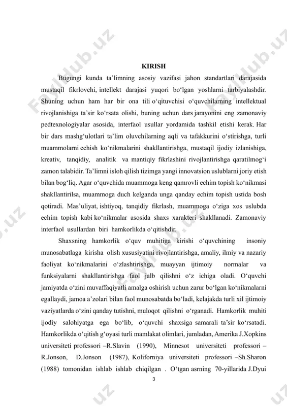 sh darslarini tashkil qilishning pedagogik va didaktik asoslari 1.1. takrorlash va mustahkamlash darslari metodik adabiyotlardan ma’lumki, takrorlash va mustahkamlash darslari o‘quvchilarning ma’lum mavzu doirasida olingan ko‘nikma, malaka va bilimlarini takomillashtirish, kengaytirishga asoslanadi. mustahkamlash –o‘qituvchi va o‘quvchi hamkorligida amalga oshiriladigan hamda egallangan nazariy bilimlarning, shakllantirilgan amaliy ko‘nikma va malakalarning xotirada saqlanish darajasini oshirish uchun amalga oshiriladigan mashqlar tizimi, ta’limda qo‘llaniladigan metod. ta’lim jarayonida yangi mavzuni o‘tishdan oldin ta’limning bir bosqichidan ikkinchisiga o‘tishda bilimlarni mustahkamlashga yo‘naltirilgan ta’limiy tadbirlar(o‘tilganlarni so‘rash, savol-javob o‘tkazish, test sinovlari va boshqalar)olib boriladi. bu bilim ,ko‘nikma va malakalarning mustahkam bo‘lishi (o‘zlashtirilishi)ning asosiy omillaridan biridir.takrorlash darslari esa muayyan bilimlar, materiallar, aqliy harakatlarning esga tushirilishi va o‘zlashtirilishiga imkon beradigan jarayon. takrorlash mashg‘ulotlarining muhim vazifasi harakat, ko‘nikma va malakalarni yuzaga kelgan vaziyatlarga binoan turlicha mezonlar bo‘yicha takomillashtirish sanaladi. takrorlash yuzasidan maxsus tanlangan mashqlarni bajarish, aqliy harakatlardan foydalanish o‘zgaruvchan sharoitlarda ham ijobiy natijalarga erishishni ta’minlaydi. demak, aynan takrorlash va mustahkamlash darslarida hamkorlikda o‘qitish …
