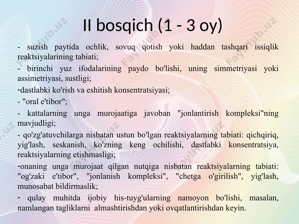 y signallarni differentsial eshituv diqqatini, nutqni, shu jumladan sodda va murakkab nutqiy ko'rsatmalarni tushunishni shakllanganligi, passiv va faol so'z boyligini hajmi. vazifalarni bajarishda logoped quyidagilarga alohida e'tibor berishi kerak. - bolaning og'zaki ko'rsatmalarga muvofiq harakatni amalga oshirish qobiliyati; - bola qo'li bilan predmetlarni oladi va u qanday darajada qo'llari bilan "ishlaydi" (ikkala qo'lini yoki bitta bittasini ishlatadi); - hajmi kichik predmetlar bilan harakatlarning epchilligi yoki beso'naqayligi; - topshiriqlar paytida aytilgan hissiy undovli jumlalar va so'zlar. bolalarni tekshirish ota-onalar ishtirokida individual maslahat shaklida amalga oshiriladi. bu quyidagi sabablarga bog'liq: • erta va kichik maktabgacha yoshdagi bola psixologik jihatdan onasi (uni tarbiyalayotgan shaxs) ajralmagan, shuning uchun qarindoshlarning borligi bolani xavfsiz his qilish va unga bo'lgan ishonchni saqlashga imkon beradi; • ota-onalarning mavjudligi ota-ona va bola o'rtasidagi o'zaro munosabatlarning mohiyatini ochib beradi; • maslahatga tashrif buyurgan ota-onalar rivojlanishning yosh me'yorlari, bolaning o'yin faoliyatini tashkil etish, abolaning e'tiborini jalb qilish va saqlashga imkon beradigan …