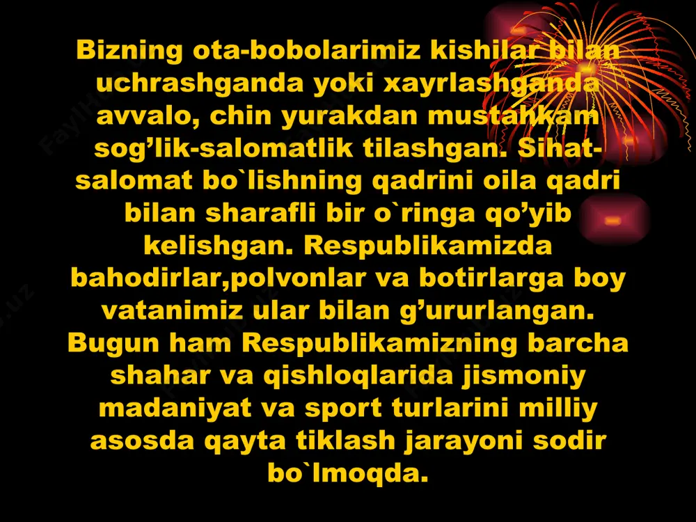 m shug’ullanib, chiniqa boshlaydi. suvda suzish, chavondozlik, qilichbozlik va boshqalar uning kundalik mashg’uloti bo`lib qoladi. abdulla avloniyning fikricha, sog’lom fikr yaxshi ahloq, ilm-ma`rifatga ega bo`lish uchun badanni tarbiya qilish zarur. «badanning salomat va quvvatli bo`lmog’i insonga eng kerakli narsadur. chunki o`qimoq, o`qitmoq, o`rganmoq va o`rgatmoq uchun insonga kuchlik, kasalsiz jasad lozimdir. sog’ badanga ega bo`lmagan insonlar amallarida, ishlarida kamchilikka yo`l qo`yurlar....bunday tarbiyaning fikr tarbiyasiga ham yordami bordir. jism ila rux ikkisi bir choponning o`ng ili terisi kabidur. agar jism tozalik ila ziynatlanmasa, yomon xulqlardan saqlanmasa, choponni ustini qo’yib, astarini yuvib ovora bo`lmak kabidurki, har vaqt ustidagi kiri ichiga uradur. fikr tarbiyasi uchun mehnat va sog’lom vujud kerakdur». sport tufayli o`z kuchi va mahoratini quvonch bilan his etish, tabiat bilan muloqotda bo`lish azaldan kishilar dilini xushnud etgan. demak, yuqoridagi misollardan ko`rinib turibdiki, insonning aqliy, ahloqiy va jismoniy kamoloti kishilik tarixi taraqqiyotining barcha jabhalarida ulug’langan, qadrlangan. jismoniy tarbiya kishilarga qulay ta`sir ko`rsatib, …