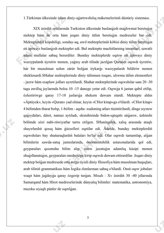 iya hám musulman huqıqları, arab tiliniń grammatikası hám logika ılımlarınan sabaq o'tilardi. onıń oqıw jobaları waqıt hám jaǵdayǵa qaray ózgerip turǵan. mısalı : xv ásirdiń 30 -40 jıllarında samarqand hám hirot medreselerinde dúnyalıq bilimler: matematika, astronomiya, muzıka sıyaqlı pánler de oqıtılǵan. medrese úsh bólimden ibarat bolǵan : birinshi tarawda musulman diniy isenimleri bayanlaingan kitap - arab tili hám nızamshılıq uyretilar edi. bul bólim studenti 9 -10 jıl oqıǵan. ekinshi bólimde nızamshılıq, teologiya, (nızamshılıq ), qıyınshılıqlıot, logika, arab tili grammatikası, aratorlıq uqıpı sóz oqıtılǵan. ol jaǵdayda 7-8 jıl oqıwǵan. úshinshi bólimde teologiya, nızamshılıq, sóz oqıtılǵan. nızamshılıq stulda geografiya hám arifmetikadan ayırım maǵlıwmatlar berilgen. medreseni tamamlap shıqqanlar imomlik menen shuǵıllanıw hám qozixonalarda islew huqıqına iye bolar edi. mektep hám medreselerde tiykarlanıp ul balalar oqıtilar edi. shaharlardagi diniy mekteplerde ayırım domlalarning hayalları - otinoyilar qızlardı da oqıtıw menen shuǵıllanatuǵın edi. mektep hám medreselerde sabaq ózbek, arab hám parsı -tájik tillerinde alıp barilardi. musulman …