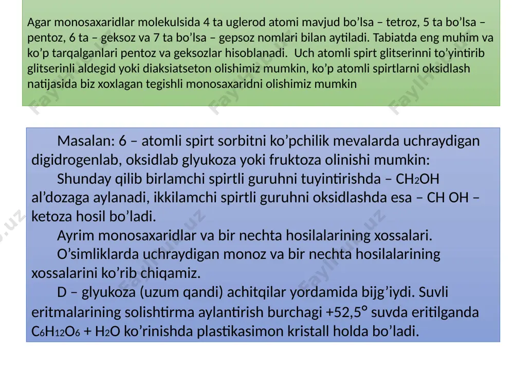 igidan, l – glyukozaning 1ta qoldig’idan va v – fruktozaning 1ta qoldig’ining birlashishidan tarkio topgan bo’ladi. staxioza ayrim hollarda achitqilarda bijg’iydi. staxioza asosan stachys ildizlarida va soya hamda no’xat urug’larida uchraydi. tetrasaxaridlar. image1.wmf oleobject7.bin oleobject1.bin oleobject2.bin oleobject3.bin oleobject4.bin oleobject5.bin oleobject6.bin · /docprops/thumbnail.jpeg