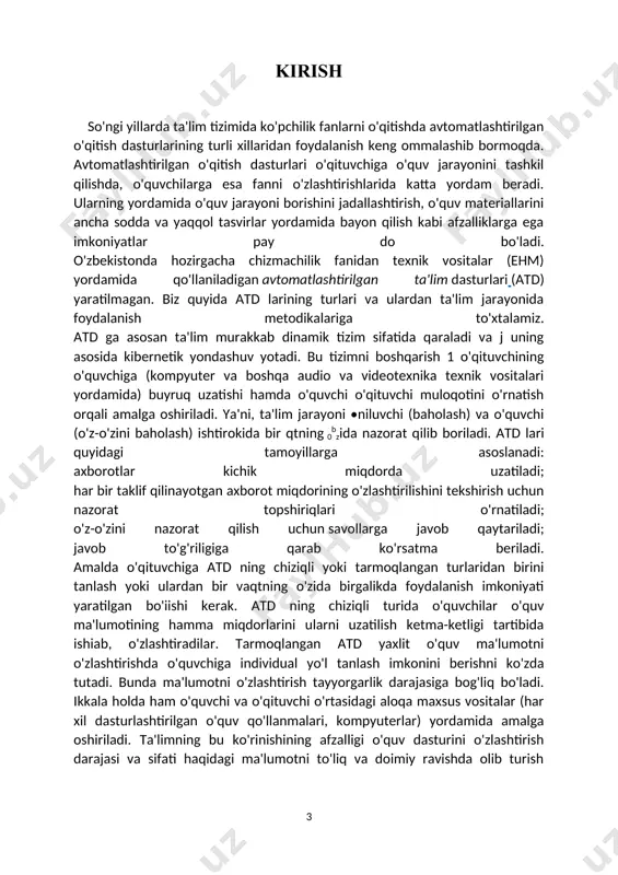 sh qiyin. ta'limning bu ko'rinishining asosiy kamchiligi - o'quvchi xotirasiga ortiqcha murojaat qilish. chizmachilik darslarida kompyuterdan foydalanish uchun quyidagi talablar bajarilishi kerak: o'quvchilar kompyuterda ishlash malakalarini egallagan boiishlari zarur; kompyuterda chizma bajarishdan avval ular kamida proeksion savodxonlik asoslarini egallagan bo'lishlari talab qilinadi; chizmachilik darslari kompyuter grafikasi darslariga (bu alohida fanlarni bir-biri bilan chalkashtirmaslik zarur) aylantirilmasligi shart. o'quvchilarning grafik dasturlar bazasida chizma bajarishlariga tegishli metodik masalaiarni ko'rib chiqamiz. hozirgi kunda chizma va uch o'lchamli modellar tasvirlarini bajarish bo'yicha juda ko'plab autocad, topcad, jcad, 3d-graf, kd-master, компас-график, варикон, тефлекс kabi grafik tizimiar kishilarning ilmiy va muhandislik faoliyatining turli sohalarida keng qo'llanilmoqda. ulardan ta'lim tizimida ommalashgani autocad hisoblanadi. autocad shuningdek mamlakatimizda va chet ellardagi ko'pchilik korxona va tashkilotlarda loyiha-chizma ishlarini avtomatlashtirishning standartlashtirilgan tizimi sifatida shakllangan. 2002-yilda rossiya maktablarida chizmachilik o'qitish tarixida birinchi marta o'quv-metodik kompleksning tarkibiy qismlaridan bin' bo'lgan kompakt-disk (компас 3d lt grafik dasturi) tayyorlanib, sotuvga chiqarildi. компас 3d lt grafik dasturi …