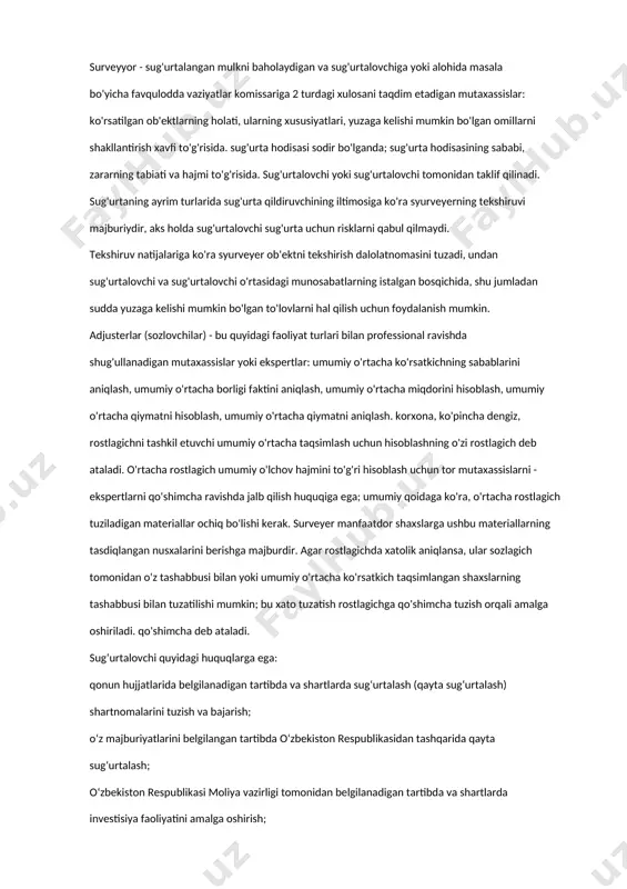 sug'urtalangan mol-mulkni tekshiradi, sug'urta qildiruvchi tomonidan etkazilgan zararning sabablarini, xarakterini va miqdorini aniqlaydi, sodir bo'lishi uchun javobgar shaxsning mavjudligini aniqlaydi. zarar yetkazadi, avariya guvohnomalarini tuzadi va beradi. ba'zan sug'urtalovchining topshirig'iga ko'ra favqulodda vaziyatlar komissari yo'qolgan mol-mulkni qidirishni amalga oshiradi va ularga berilgan vakolatlar va chegaralar doirasida sug'urtalovchi hisobidan zararni joyida to'laydi. favqulodda vaziyatlar komissari sug'urta kompaniyasi bilan tuzilgan shartnoma asosida ishlaydi, odatda bu mandat shartnomasidir. sug'urtalovchi uchun favqulodda vaziyatlar bo'yicha komissar instituti juda foydali, chunki agar sug'urtalangan mulk sug'urtalovchi va biron bir bo'lim joylashgan joydan uzoqda bo'lsa, sug'urtalovchining o'z mutaxassisini sug'urta hodisasi sodir bo'lgan hududga zudlik bilan yuborishi international scientific and practical conference https://www.conferenceseries.info/index.php/education 58 muammoli; bundan tashqari, sug'urta hodisasiga mos keladigan malakali mutaxassisni yuborish qiyin, shuning uchun butun dunyoda zarar ko'rgan joyda professional, sifatli xizmatlarni ko'rsatishga tayyor sheriklarga ega bo'lish muhim hisoblanadi. favqulodda vaziyatlar komissarlari odatda keng geografik resurslarga ega, ular kuchli hamkorlikka ega va ularning biznesi yillar davomida …