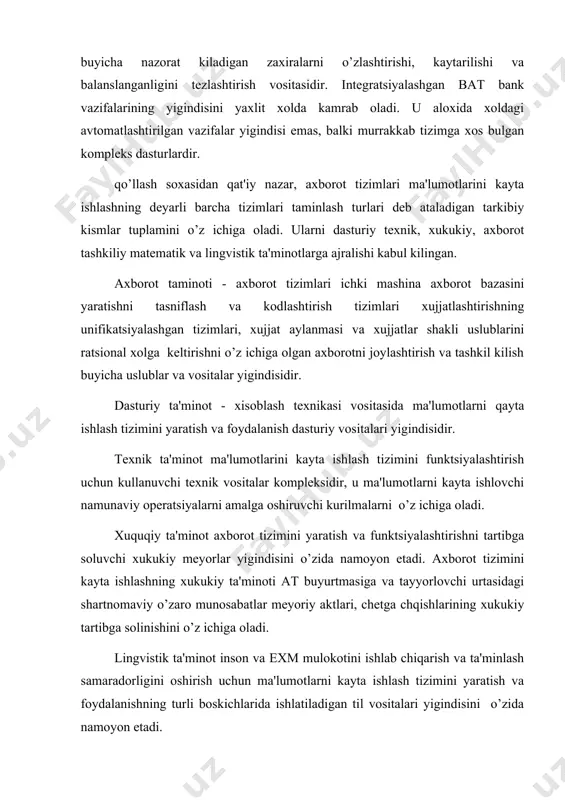 shning at - shaxslar funktsiyalarini avtomatlashtirish uchun muljallangan tizim. taqdim etish usuliga ko’ra axborot - matn, jadval, matritsa, grafik va dinamik katorlarga bulinadi. matn axboroti eng kup rasmiylashtirilgandir, shu bois uni kayta ishlash uchun ќozirgi paytda gipеrmatn dastur tizimi kurinishida maxsus dasturiy vositalar kullanilmokda. bunday tizimlar matn ќujjatlar ma'lumot bazasini yaratish, yuritish va foydalanish uchun muljallangan. axborot o’zining barkarorligiga kura - o’zgaruvchan, shartli-doimiy va doimiyga bulinadi. o’zgaruvchan axborot ob'еktlar ishlashining mikdoriy va sifat xususiyatlarini aks ettiradi. shartli-doimiy va doimiy axborotlar muxitning doimiy ulchamini aks ettiridi, shu bois ular o’zok vakt mobaynida o’zgarmas bo’lib koladi. avtotaxrirlagich - matnni kiritish jarayonida ayrim xolatlar tеz-tеz takrorlanadi. bu xolatlarni matn kiritilayotganda avtomat ravishda tњђrilash mumkin. bu amal avtotaxrirlash dеb ataladi va uni avtotaxrirlagich bajaradi. adaptеr - kompyutеr љњshimcha љurilmalari ishini boshљaruvchi elеktron sxеma, uni kontrollеr dеb xam ataladi. ativirus -viruslarni aniљlovchi va ulardan kompyutеrni tozalovchi maxsus programma. arxivdan tiklash - faylni arxivli fayldan љayta …