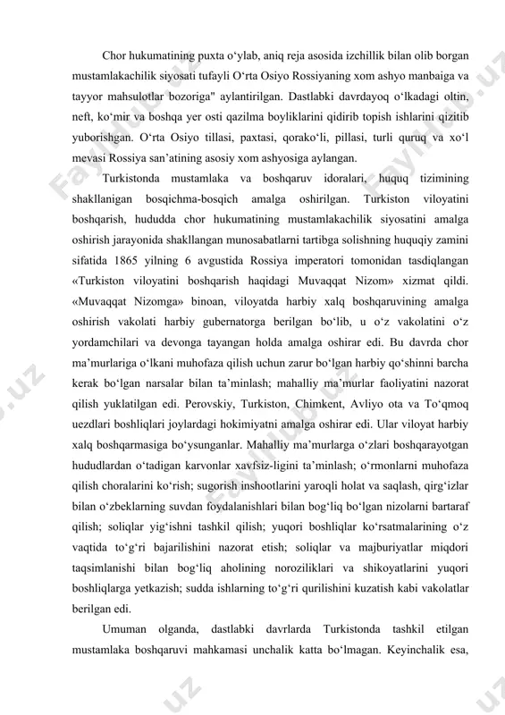 edi. ular viloyat harbiy xalq boshqarmasiga bo‘ysunganlar. mahalliy ma’murlarga o‘zlari boshqarayotgan hududlardan o‘tadigan karvonlar xavfsiz-ligini ta’minlash; o‘rmonlarni muhofaza qilish choralarini ko‘rish; sugorish inshootlarini yaroqli holat va saqlash, qirg‘izlar bilan o‘zbeklarning suvdan foydalanishlari bilan bog‘liq bo‘lgan nizolarni bartaraf qilish; soliqlar yig‘ishni tashkil qilish; yuqori boshliqlar ko‘rsatmalarining o‘z vaqtida to‘g‘ri bajarilishini nazorat etish; soliqlar va majburiyatlar miqdori taqsimlanishi bilan bog‘liq aholining noroziliklari va shikoyatlarini yuqori boshliqlarga yetkazish; sudda ishlarning to‘g‘ri qurilishini kuzatish kabi vakolatlar berilgan edi. umuman olganda, dastlabki davrlarda turkistonda tashkil etilgan mustamlaka boshqaruvi mahkamasi unchalik katta bo‘lmagan. keyinchalik esa, keng ko‘lamda olib borilgan bosqinchilik harakat-lari natijasida turkiston viloyatining hududlarining kengayti-rilishi, bir tomondan, ikkinchi tomondan esa, mahalliy xalqlarning istebdodiga qarshi noroziligining kun sayin kuchayib borishi, mustamlaka boshqaruvi idoralari tizimini yanada takomillashtirish, turkistonliklarni itoatda tutib turish uchun zarur tartib-intizomni joriy qilishni taqozo qilgan. bu muammoni hal qilishda maxsus komissiyani 1867 yilda ishlab chiqqan «yettisuv va sirdaryo viloyatlaridagi boshqarish haqidagi nizom» loyihasi huquqiy …