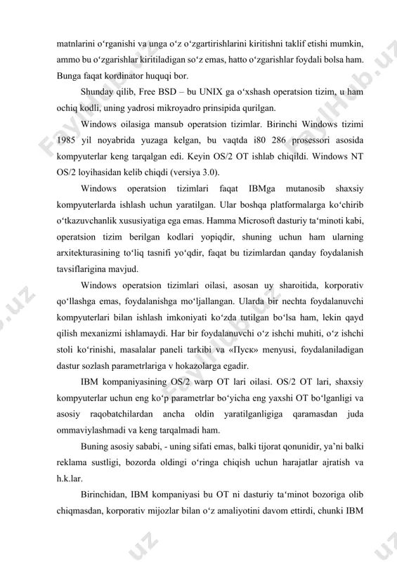 ot boʻlganligi va asosiy raqobatchilardan ancha oldin yaratilganligiga qaramasdan juda ommaviylashmadi va keng tarqalmadi ham. buning asosiy sababi, - uning sifati emas, balki tijorat qonunidir, ya’ni balki reklama sustligi, bozorda oldingi oʻringa chiqish uchun harajatlar ajratish va h.k.lar. birinchidan, ibm kompaniyasi bu ot ni dasturiy taʻminot bozoriga olib chiqmasdan, korporativ mijozlar bilan oʻz amaliyotini davom ettirdi, chunki ibm pc birinchi navbatda shaxsiy kompyuterdir. ikkinchidan, ibm kompaniyasi, asosan foydani tizimli dasturiy taʻminot orqali emas, balki serverlar va boshqa qurilmalar orqali qilar edi. os/2 ot keng tarqalishi uchun oʻquv darsliklar, reklama va h.k.larga eʻtibor berish kerak edi. ammo bunday boʻlmadi, shuning uchun ham hozirgi vaqtda bu tizim bilan koʻpchilik tanish emas. lekin, shuni taʻkidlash lozimki, oʻz vaqtida bu tizimni oʻrgangan va mos dasturiy taʻminotni yaratgan korxona va tashkilotlar, hanuzgacha ommaviy boʻlgan windows nt/2000/xp ot lariga oʻtmaydilar, chunki ular yaxshigina katta tizimli resurslar talab qiladilar. os/2 ning oxirgi versiyalari, oʻz nomlarida warp soʻziga …