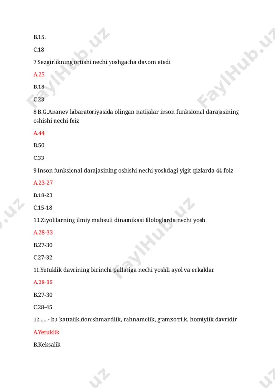 ra, tafakkur shkalada 94.8,93.7,99.0 birlikda a.36-40 b.45-50 c.39-42 20.qaysi olim oliy maktab oʻquvchilarining ijodiy faoliyat xususiyatlarini oʻrgangan a.z.f.esariva b.p.p.ananev c.v.shevchuk 21.grontopsixologiya psixologiya fanining tarkibiy qismi ekanini ilmiy jihatdan kim asoslangan a.s.xoll b.p.p.ananev c.z.f.esariva 22.i.i.mechnikov qaysi asarida grontopsixoligiya haqida falsafiy fikrlar bildirgan a.optimizm etyudlari b.katta kitob va keksa yosh c.keksayish 23.amerikalik psixolog s.xollning monografiyasi a.keksayish b.katta kitob va keksa yosh c.optimizm etyudlari 24.....-keksaygan odamning salomatligini saqlash va mustahkamlash sohasidir a.gerogigiyena b.grontopsixologiya c.geriatriya 25.... grekcha soʻz boʻlib keksalikning,keksayishning kelib chiqishidir a.grontopsixologiya b.yetuklik c.yoshlik 26.qaysi soʻz keksaygan insonni davolash maʼnosini bildiradi a.geriatriya b.gerogigiyena c.gerontopsixologiya 27.inson nechi yoshdan oshganda yetuklikning kechikkan davri kirib keladi a.50-60 b.45-50 c.50-55 28.ishdan xizmatdan uzoqlashish nechi yoshlarni tashkil etadi a.66-70 b.50-60 c.55-60 29.qaydi olim umr oʻtishi bilan koʻruv apparati xiralashuvini aytib oʻtadi a.p.lazerov b.p.ananev c.v.shevchuk 30.hozirgi kunda nafaqani belgilash nechi yil ilgarilab ketgan a.15-20 b.8-10 c.10-15
