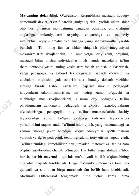 lda ko’rsatamiz. bunday holda n-darajali chiziqli differensial tenglama quyidagi ko’rinishni oladi: (2) bunday bo’lish mumkin bo’lishi uchyn bo’lishni talab qilishimiz kerak, binobarin, (2) tenglama (1) tenglamaga bu shart bajariladigan intervallardagina ekvivalentdir ( koeffisiyent aynan nolga teng bo’lishi mumkin emas, chunki aks holda tenglama n-tartibli bo’lmas ekan). oldingi bobda keltirilgan yechimning mavjudligi va yagonaligi to’g’risidagi teoremani chiziqli tenglamalarga ham tadbiq qilish mumkin. ma’lumki yopiq intervalda uzluksiz bo’lgan funksiyalar unda chegaralangandir. shuning uchun yechimning mavjudligi va yagonaligi shartlari chiziqli tenglama uchun boshlang’ich shartlarning yetarlicha kichik atrofidagina emas (ummumiyholdaginao’xshash), balki funksiyalar uzluksiz bo’lgan istalgan oraliqda ham bajariladi. xususan, agar (1) tenglamaning koeffisientlarini uzluksiz deb faraz qilsak bu shartlar bo’lgan intervalning ichidagi istalgan oraliqda bajariladi. shunday qilib chiziqli differensial tenglamalar uchun yechimning mavjudligi va yagonalik teoremasini quyidagicha ta’riflash mumkin: (2) chiziqli differensial tenglamaning koeffisientlari birorta kesmada uzluksiz bo’lsin. agar qiymat intervalga tegishli bo’lsa, u holda (2) tenglamaning uni va uning istalgan boshlang’ich shartlari sistemasini …