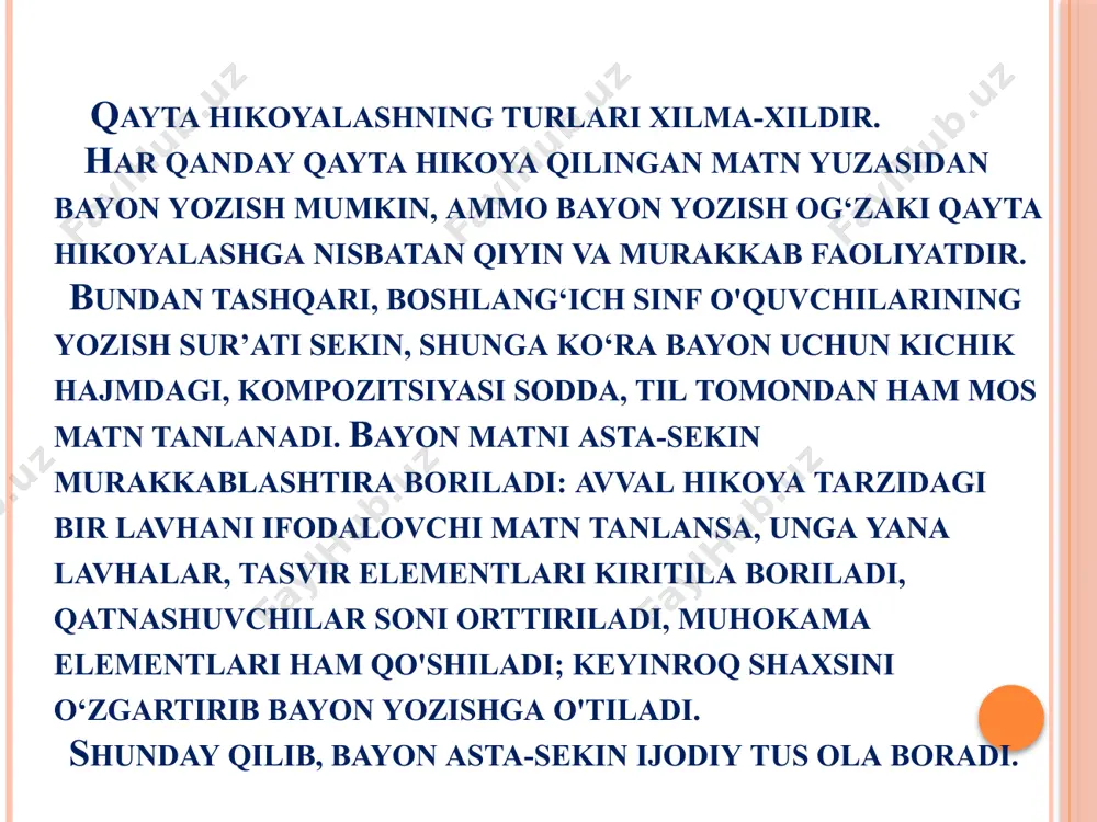 i tekshiradilar, takomillashtiradilar va daftarni tekshirish uchun o'qituvchiga topshiradilar. tanlab hikoya qilish va bayon. tanlab hikoya qilish matndan tor mavzuga, o'qituvchining topshirig'iga oid qismini tanlab qayta hikoyalashdir. masalan, o'qilgan matndan faqat personajning tashqi ko'rinishi tasvirlangan qismnigina qayta hikoya qilish, faqat ikki personajning uchrashish manzarasini qayta hikoyalash, faqat tabiat tasvirini hikoya qilish va boshqalar. tanlab qayta hikoyalashning quyidagicha turlari mavjud: 1. o'qilgan matn qismini yoki bir voqeani unga chizilgan rasm asosida hikoya qilish. 2. o'qituvchi topshirig'i yoki berilgan savol asosida alohida lavhani hikoya qilish. 3. berilgan mavzu bo'yicha matnning turli qismlaridan olingan parchalarni hikoya qilish. bu ish tanlab hikoya qilishning murakkabroq turi hisoblanadi. tanlab hikoya qilish uchun o'quvchi matnni boshidan oxirigacha qayta o'qib chiqishga yoki yodga tushirishga, kerakli materialni yig'ishga to'g'ri keladi. buning uchun o'quvchilarga matnni ichda o'qish topshiriladi yoki ovoz bilan tanlab o'qish topshirig'i beriladi. bunday tanlab hikoya qilish ba’zan yozma bayon sifatida ham o'tkaziladi. qisqartirib qayta hikoyalash va bayon. …
