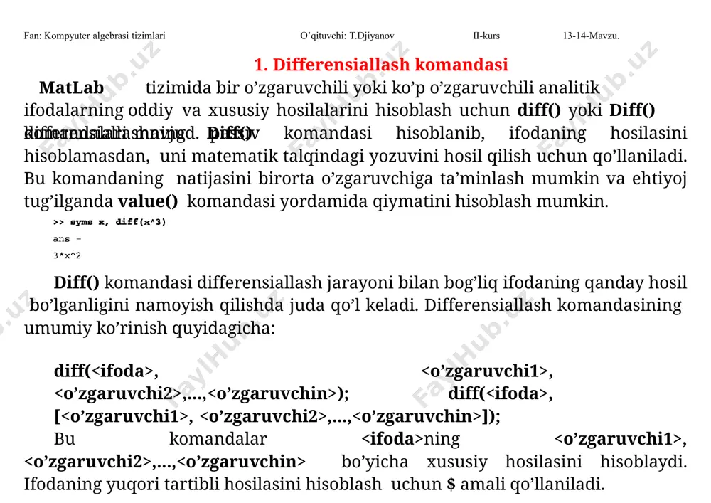 ng uchun simplify factor yoki expand komandalaridan foydalanamiz. fan: kompyuter algebrasi tizimlari o’qituvchi: t.djiyanov ii-kurs 13-14-mavzu. 2. integrallash komandasi ifodalarning ma’lum ( , ); o’zgaruvchiga nisbatan aniqmas integralini topishni int komandasi bajaradi. aniq integralni esa int( , =a..b); ko’rinishdagi komanda hisoblaydi, bu yerda a va b lar integrallash chegaralari bo’lib, analitik ko’rinishdagi ifoda bo’lishi ham mumkin. misol: integrallash buyruqlari int(x^n) yoki int(x^n,x) 13-14-mavzu. fan: kompyuter algebrasi tizimlari o’qituvchi: t.djiyanov ii-kurs aniq va aniqmas integrallash. anikmas integralni  f ( x)dx xisoblash ikki xil komanda orkali bajariladi: 1)komandaning aktiv holati – int(f, x),bu yerda f –integrallanuvchi funksiya; 2)komandaning passiv xolati – int(f, x) . int komandasi formulaning matematik talkinini ekranda xosil kiladi.. b  f ( x)dx anik integralni xisoblash uchun int va int komandalarga kushimcha a integrallash chegaralari kiritiladi. masalan : int(sin(2*x),0,pi/2) or int(sin(2*x),x,0,pi/2) agar integrallash komandasiga continuous opsiyasini kiritsak int(f, x, continuous), u xolda matlab integrallash sohasining barcha uzilishlaridagi …