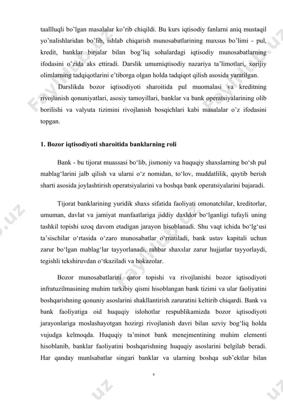 bozor munosabatlarini qaror topishi va rivojlanishi bozor iqtisodiyoti infratuzilmasining muhim tarkibiy qismi hisoblangan bank tizimi va ular faoliyatini boshqarishning qonuniy asoslarini shakllantirish zaruratini keltirib chiqardi. bank va bank faoliyatiga oid huquqiy islohotlar respublikamizda bozor iqtisodiyoti jarayonlariga moslashayotgan hozirgi rivojlanish davri bilan uzviy bog‘liq holda vujudga kelmoqda. huquqiy ta’minot bank menejmentining muhim elementi hisoblanib, banklar faoliyatini boshqarishning huquqiy asoslarini belgilab beradi. har qanday munlsabatlar singari banklar va ularning boshqa sub’ektlar bilan bo‘ladigan munosabatlari albatta huquqiy asosga ega bo‘lishi lozim. chunki bank va mijozlar o‘rtasida yuzaga keladigan turli holatlar ma’lum bir me’yorlar asosida muvofiqlashtirilishi lozim. bu esa, o‘z navbatida huquqiy asosni shakllantirishni talab qiladi. tijorat banklarini ruyxatga respublikasining «banklar va olish va bank faoliyati litsenziyalash to‘g‘risida», o‘zbekiston «o‘zbekiston respublikasi markaziy banki to‘g‘risida», «aksiyadorlik jamiyati va aksiyadorlar huquqini himoya qilish to‘g‘risida»gi qonunlariga, o‘zbekiston respublikasi prezidentining 2002 yil 30 martdagi pf-3047- sonli «pul massasi usishini cheklash va moliya intizomiga rioya etish ma’suliyatini oshirish chora-tadbirlari …