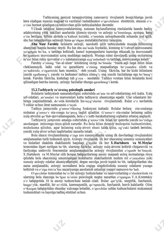 lik mavjud. jumladan, asrlar davomida dars maktabda o‘quv mashg‘ulotlarini tashkil etishning asosiy shakli bo‘lib keldi va shunday bo‘lib qolmoqda. qator o‘quv predmetlari mazmuni ma’lum darajada saqlanib qolayapti. ayni chog‘da tarbiyada va ta’lim berishda g‘oyaviy jihatdan betaraf qoladigan jihatlar borligini ham unutmaslik lozim. tarbiya va ta’limning tashkiliy shakllarini aniq to‘ldirish, maktab ishining u yoki bu masalalarini izohlashda turli davrlarda turlicha yondashuvlar mavjud bo‘lgan. agar jamiyat o‘z taraqqiyot davrida ma’lum bir rivojlanishga, madaniyatga va ma’naviyatga erishgan bo‘lsa va uni saqlab qolishni hamda yuksaltirishni istasa, uning tarixida turli xil o‘zgarishlar ro‘y berishidan qat’iy nazar, u o‘tmishdan beri saqlanib kelayotgan eng yaxshi an’ana va qadriyatlarini qabul qilishi, davom ettirishi lozim bo‘ladi. umuminsoniy qadriyatlar va madaniy boyliklar tarixiy va hududiy chegara va hududiy chegara bilmaydigan boyliklar qatoriga kiradi. birinchi navbatda xuddi o‘shalar ijtimoiy tarixning barcha bosqichlarida tarbiya maqsadlarini ifodalaydi. bu maqsadlar yaxshilik va yomonlik, to‘g‘rilik va tartiblilik, insoniylik va tabiatga bo‘lgan muhabbat tushunchalari bilan bog‘liqdir. …