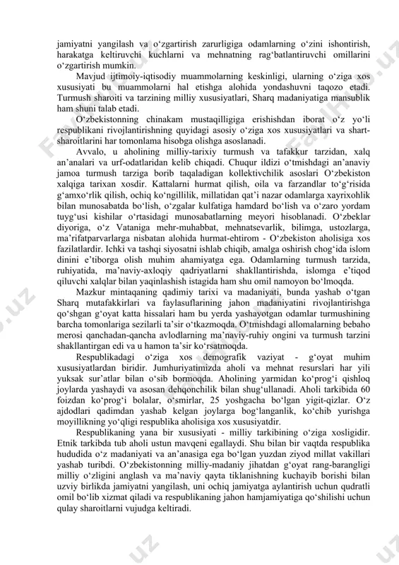 iqtisodiy va siyosiy-huquqiy taraqqiyot yo‘limizni tanlab olish respublikaning qat’iy pozitsiyasidir. bu - o‘tmish yillarning xatolarini, davlat tuzilishining shakl va usullariga nisbatan mavjud qarashlarni idrok etish natijasidir. bu - tarkib topgan ijtimoiy voqelikka berilgan real bahodir. bu - o‘zbekiston xalqining ijtimoiy taraqqiyotga, munosib turmush sharoitiga intilishidir. shuni alohida ta’kidlash zarurki, soxta inqilobiy sakrashlarsiz, fojiali oqibatlarsiz va kuchli ijtimoiy larzalarsiz, evolyutsion yo‘l bilan normal, madaniyatli taraqqiyotga o‘tish - tanlab olingan yo‘lning asosiy mazmuni va mohiyatidir. odamlarning ongi va turmushiga o‘nlab yillar mobaynida, ko‘pincha zo‘ravonlik yo‘li bilan singdirilgan narsalarni bir zumda o‘zgartirish mumkin emas. buning uchun ijtimoiy guruhlar o‘rtasidagi munosabatlarning keskinlashuviga va ularni bir-biriga qarama-qarshi qo‘yishga barham berish bilan jamiyatni yangilash va o‘zgartirish zarurligiga odamlarning o‘zini ishontirish, harakatga keltiruvchi kuchlarni va mehnatning rag‘batlantiruvchi omillarini o‘zgartirish mumkin. mavjud ijtimoiy-iqtisodiy muammolarning keskinligi, ularning o‘ziga xos xususiyati bu muammolarni hal etishga alohida yondashuvni taqozo etadi. turmush sharoiti va tarzining milliy xususiyatlari, sharq madaniyatiga mansublik ham shuni …