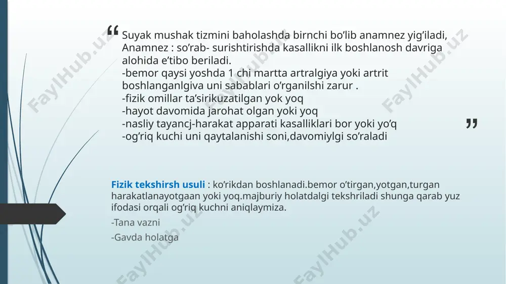 s- reaktiv oqsil *asl-o – revmatizm *siklik sitrunlinli peptidga omili *alfa o’sma nekroz omili *le hujayralar *antinuclear antitanachalar *dnk ga nativ antitanachalar e’tiboringiz uchun rahmat image1.jpg image2.jpg image3.jpg image4.jpg image5.jpg image6.jpg image7.jpg image8.jpg image9.jpg image10.jpg image11.jpg image12.jpg image13.jpg image14.jpg image15.jpg image16.jpg image17.jpg image18.jpg /docprops/thumbnail.jpeg