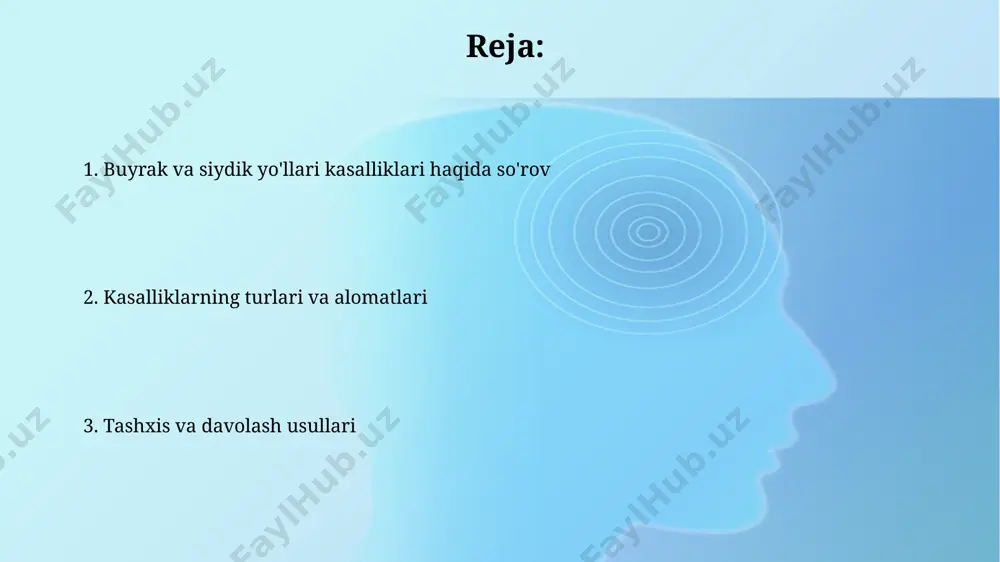 arobar ko'p uchraydi. siydik yo'llari infektsiyasi diagnostikasi siydik tahlili, siydik kulturasi va ba'zi hollarda qon tahlili orqali amalga oshiriladi, infeksiyaning og'irligiga qarab davolash 7-14 kun davom etadi. buyrak va siydik yo'llari kasalliklari haqida umumiy ma'lumot siydik yo'llari infektsiyalari (siy), bakteriyalar siydik yo'llariga tushganda paydo bo'ladi va ayollarda erkaklarga qaraganda 8 barobar ko'proq uchraydi, qaytalanuvchi infektsiyalar ham mumkin. surunkali buyrak kasalligi (sbk) 5 bosqichga bo'linadi va buyrak funksiyasining asta-sekin yomonlashuvi bilan tavsiflanadi, oxirgi bosqichda dializ yoki transplantatsiya talab etiladi. buyrak saratoni buyrak saratoni erkaklarda ayollarga nisbatan 2 baravar ko'proq uchraydi va odatda 50 yoshdan oshgan kishilarda aniqlanadi. buyrak saratonining 85% dan ortiq holatlari buyrak hujayrali karsinomasi hisoblanadi, bu esa umumiy buyrak saratoni turlarining eng keng tarqalganidir. siydik pufagi saratoni siydik pufagi saratonining 80% dan ortig'i urotel hujayralaridan kelib chiqadi va asosan 60 yoshdan oshgan odamlarda uchraydi. siydik pufagi saratonining boshlang'ich bosqichlari ko'pincha asemptomatik bo'lib, 5 yillik omon qolish darajasi bosqichga bog'liq …