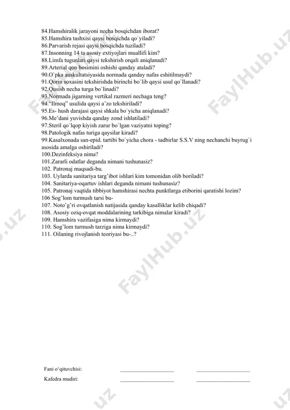 g verbal turiga qaysilar kiradi? 67.antropometriya nima? 68.yotoq yara hosil bo`lishining tashqi sabablariga kiradi? 69.bemorni yarim o`tirgan va yarim yotgan vaziyati qanday ataladi? 70.bemorni yarim qorin va yarim yonboshlash vaziyati qanday ataladi? 71.“teri orasi “ in’yeksiyasi qaysi sohaga qilinadi? 72.“mushak orasi “ va “teri osti” in’yeksiyasini bajarganda qanday asoratlar paydo bo`lishi mumkin? 73.antibiotiklar qaysi eritmada suyultiriladi? 74.gaz chiqaruvchi naycha va huqna uchun uchlik qanday zararsizlantiriladi? 75.oziqli huqnani qilish uchun qanday eritmalar ishlatiladi? 76.qusuq massasini nafas yo`llariga tiqilishi qanday ataladi? 77.pulsning tezlahuvi qanday ataladi? 78.nafas olishning tezlashishi qanday ataladi? 79.arterial qon bosimi qaysi asbobda o`lchanadi? 80.dezinfeksiya turlariga qaysilar kiradi? 81.gaz chiqaruvchi naycha to`g`ri ichakka qancha kiritiladi? 82.sterilizatsiya nima? 83.sun’iy ovqatlanish necha turga bo`linadi? 84.hamshiralik jarayoni necha bosqichdan iborat? 85.hamshira tashxisi qaysi bosqichda qo`yiladi? 86.parvarish rejasi qaysi bosqichda tuziladi? 87.insonning 14 ta asosiy extiyojlari muallifi kim? 88.limfa tugunlari qaysi tekshirish orqali aniqlanadi? 89.arterial qon bosimini oshishi qanday ataladi? 90.o`pka auskultatsiyasida normada qanday …